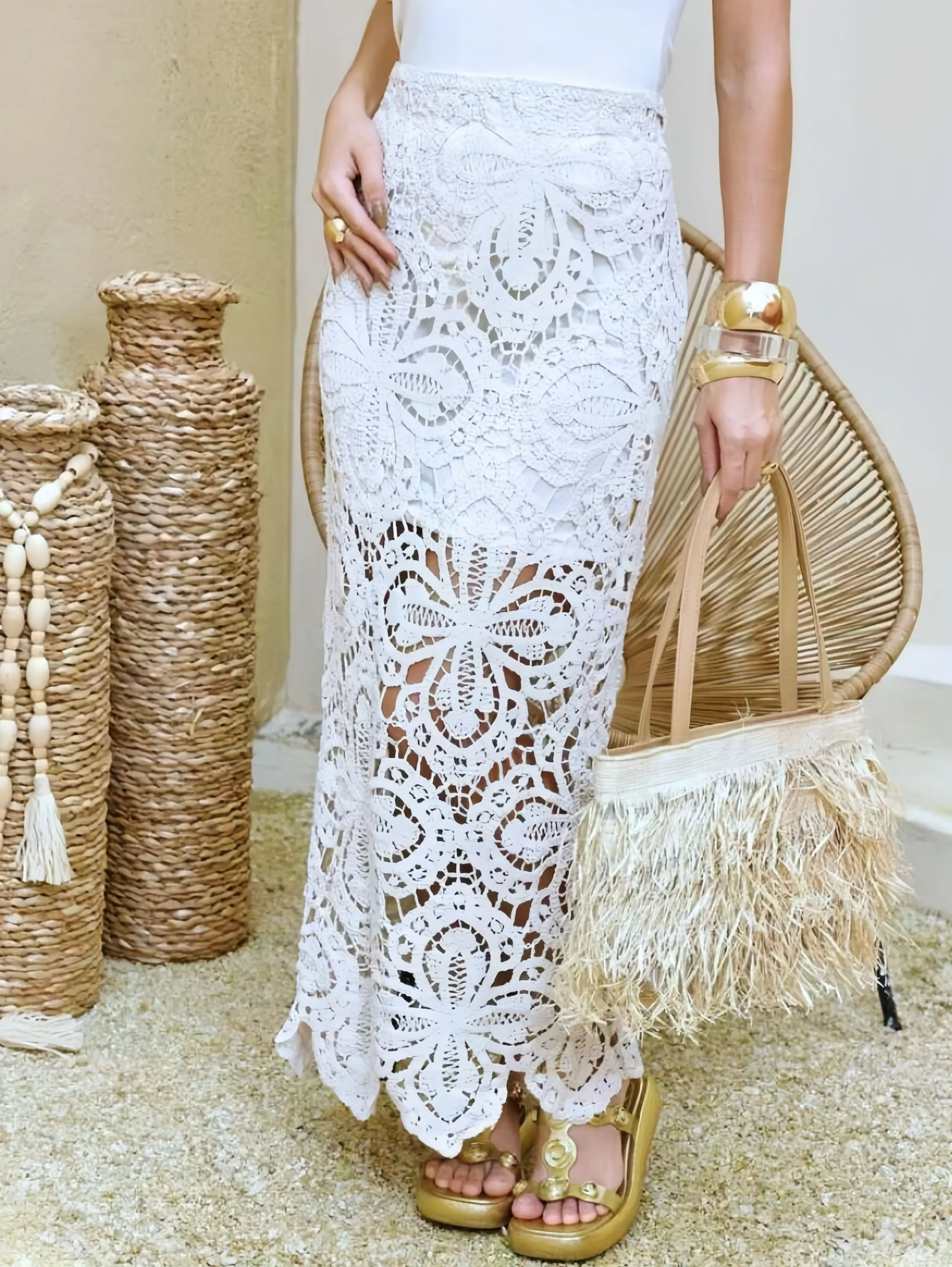 L modas - Saia Longa Crochê Bordado