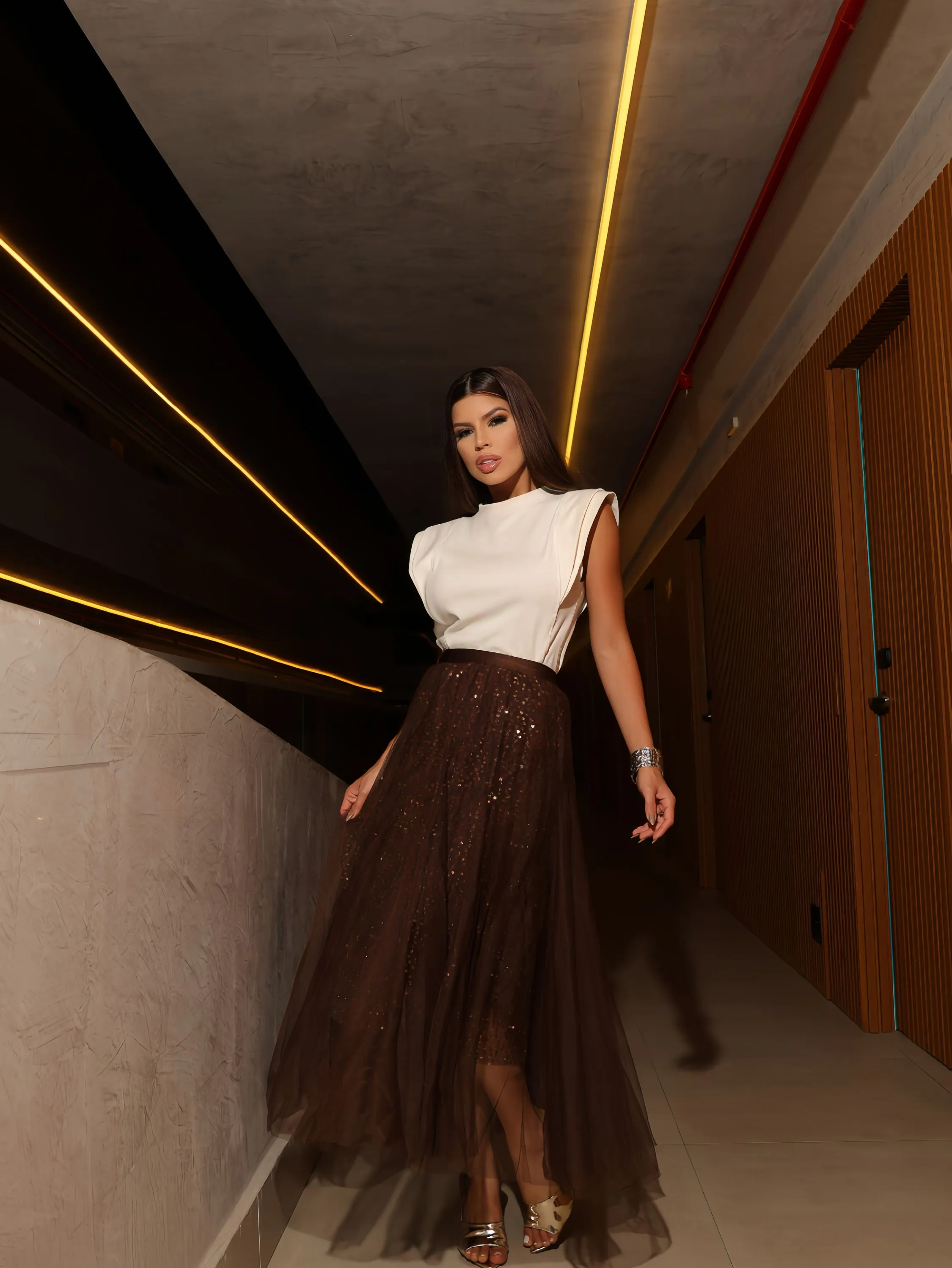 Saia Longa Tule Com Paitê Feminino