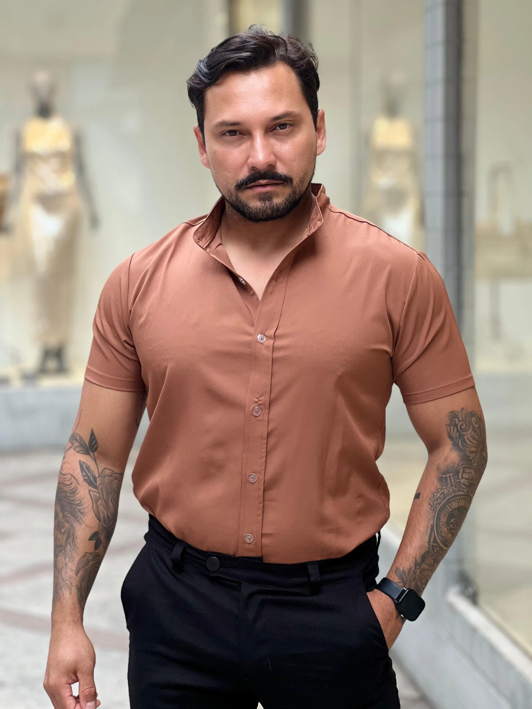 Camisa de Viscose com Elastano Slim Lisa Marrom