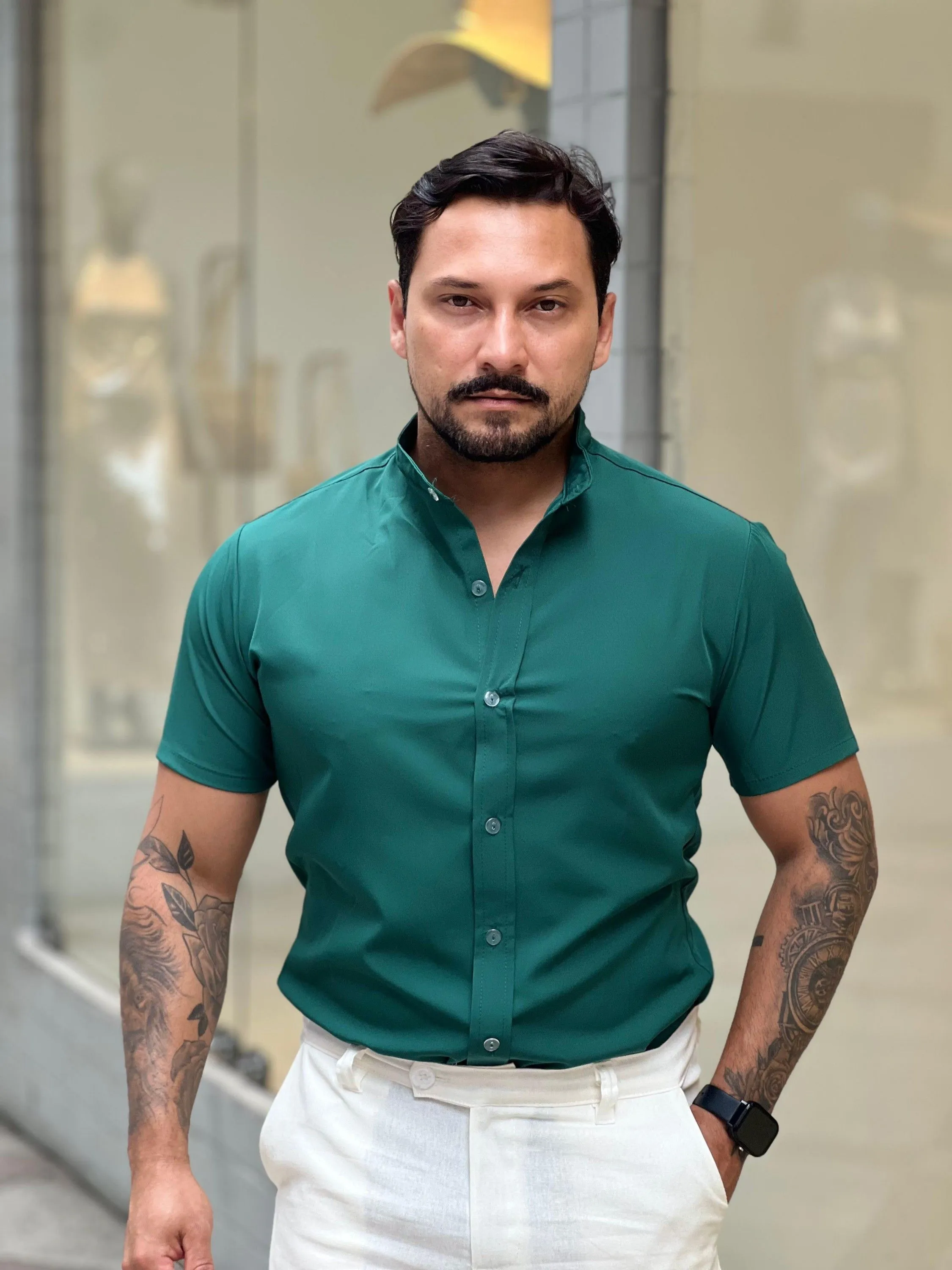 Camisa de Viscose com Elastano Slim Lisa Verde