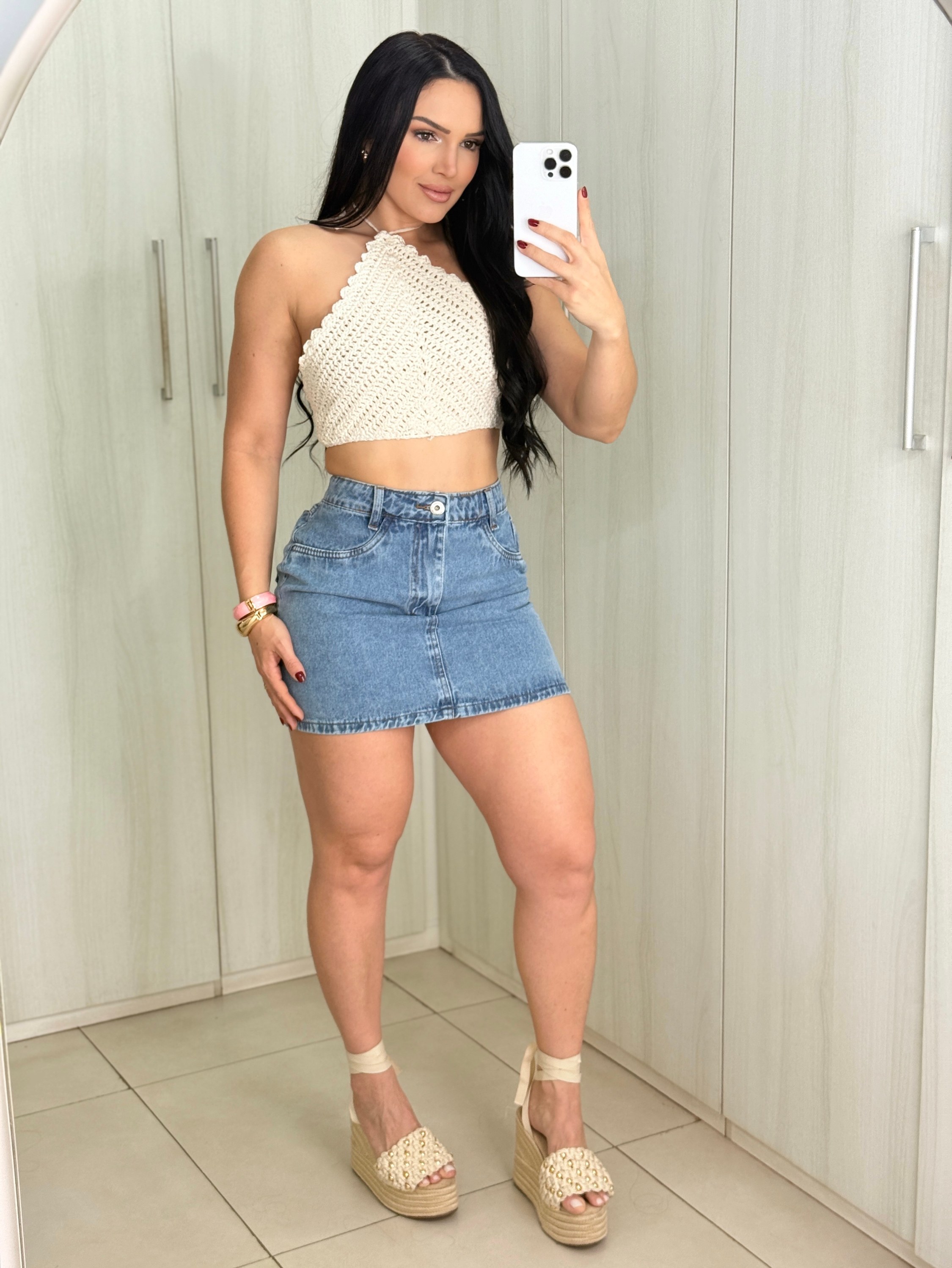 Saia jeans feminina curta cintura alta