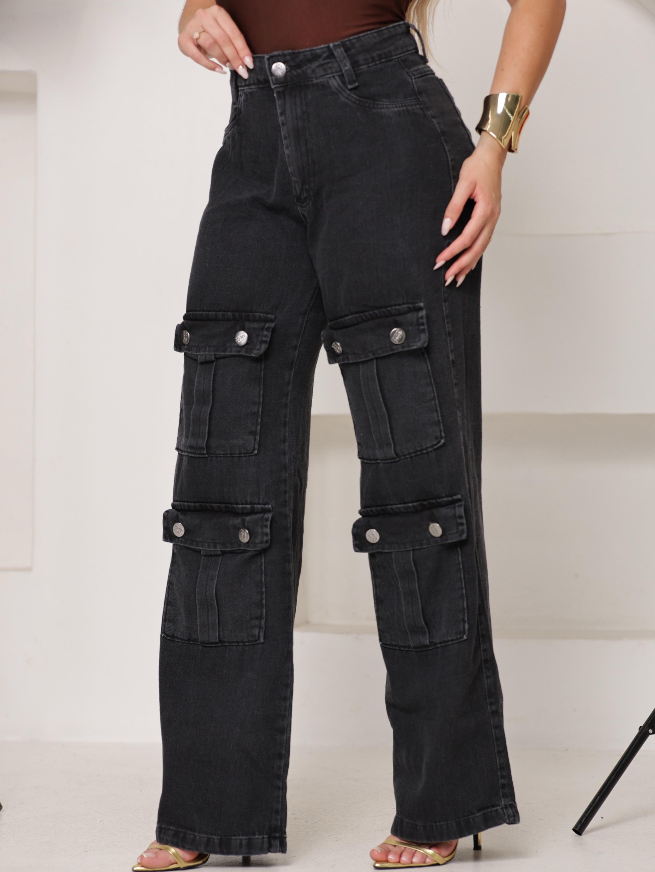 Calça Jeans Cargo Wide Leg Premium grafite cargo 4 bolsos
