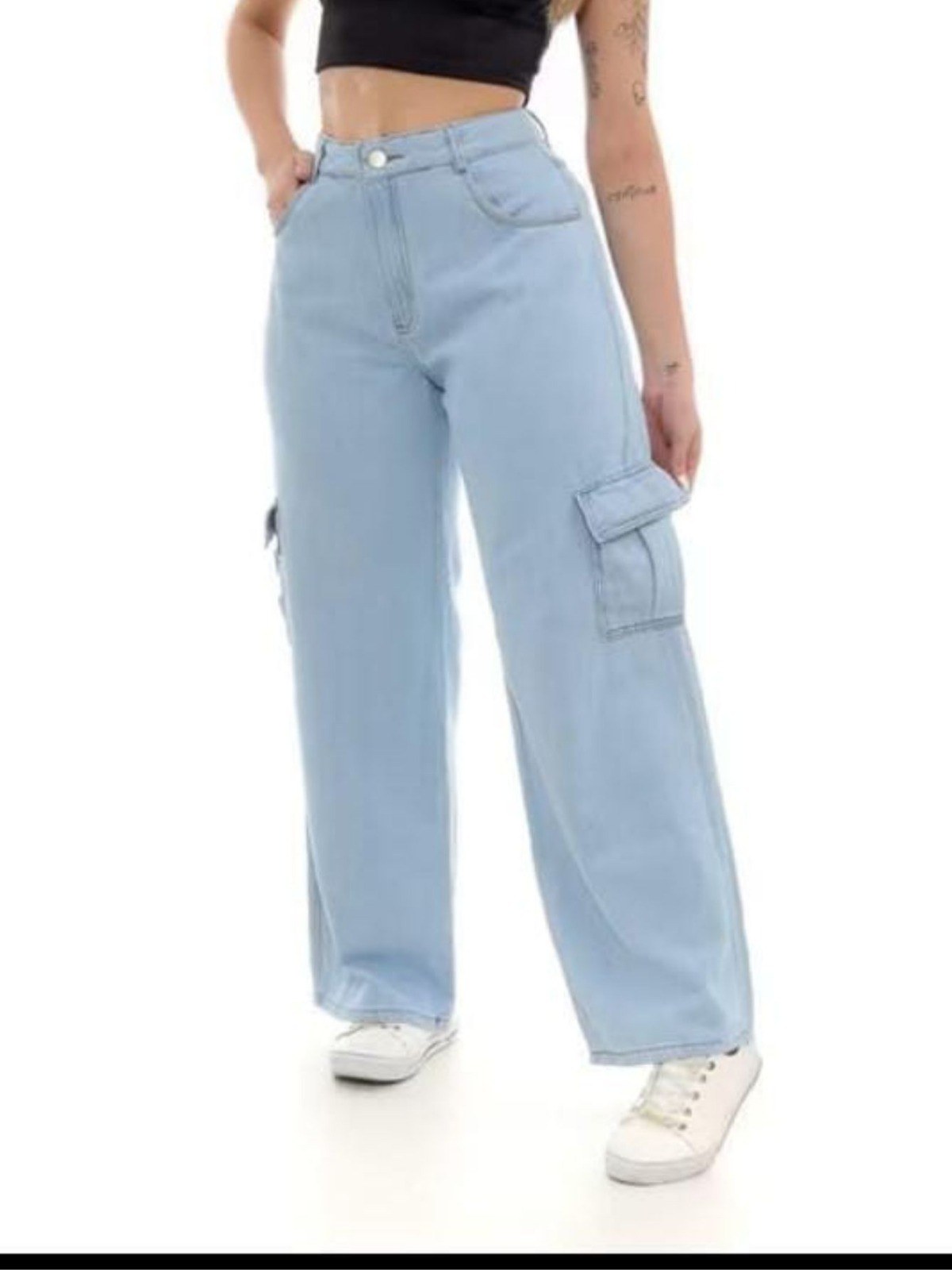 calça feminina wide leg cargo jeans a sarja polso da perna