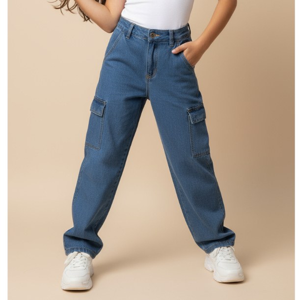 Calça Wid Leg Cargo Juvenil Azul Claro Jeans Feminino