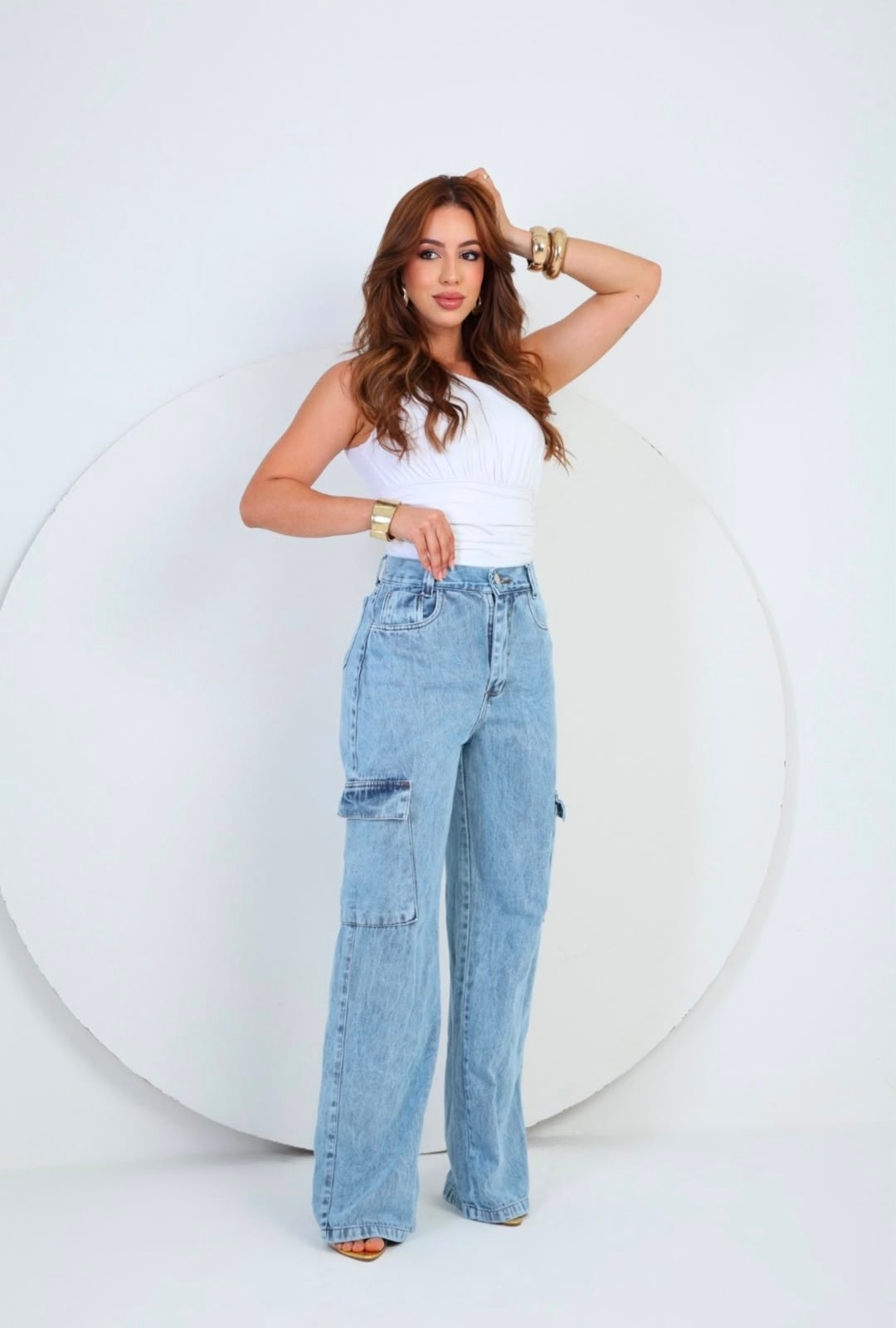 Calça Wid Leg Cargo Marmorizado Jeans Feminina Bolso Na Lateral