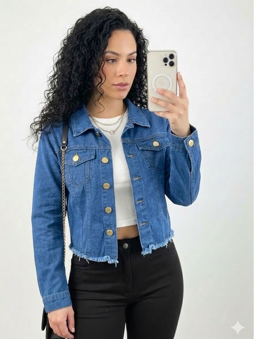 Jaqueta Jeans Feminina Manga Longa Curta jeans Claro
