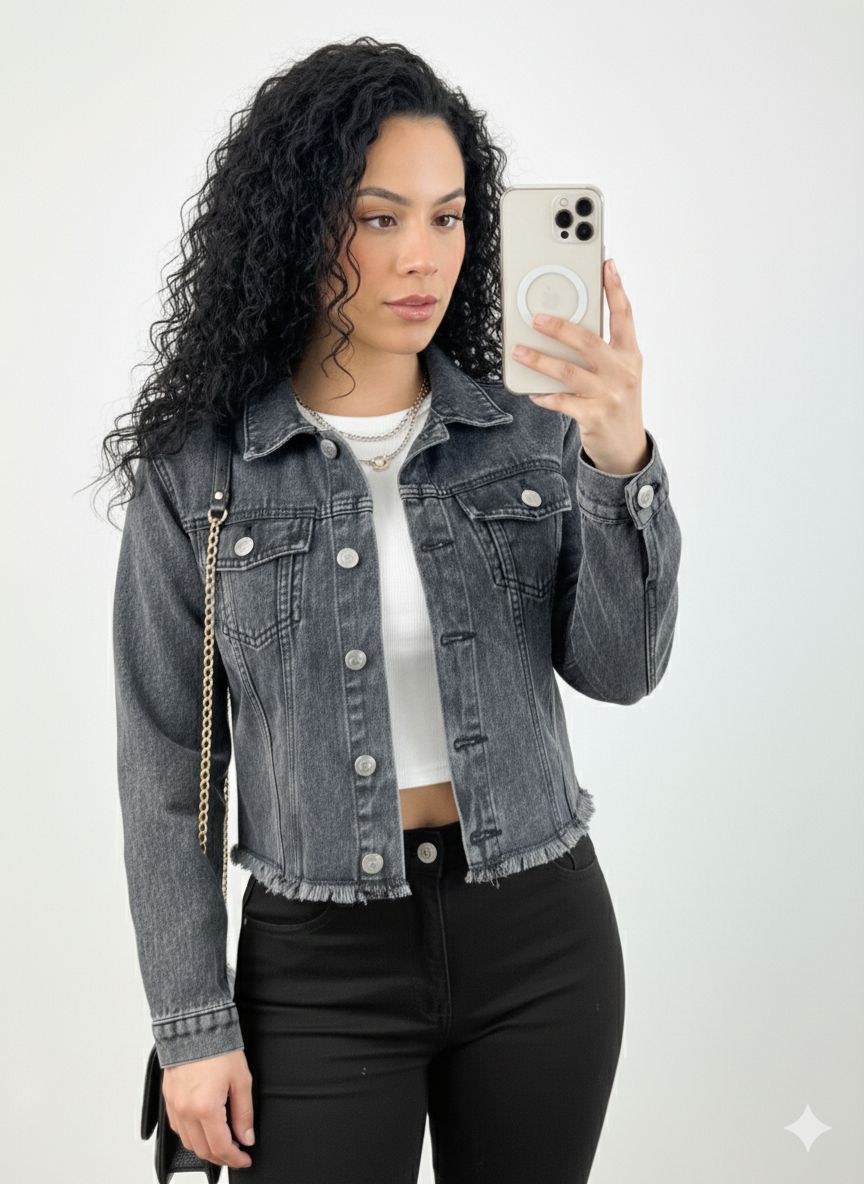 Jaqueta Jeans Grafite Feminina Manga Longa Desfiada