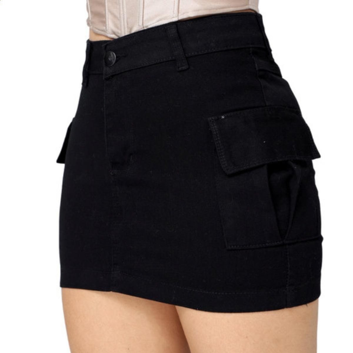 Saia Jeans Cargo Preta Adulta