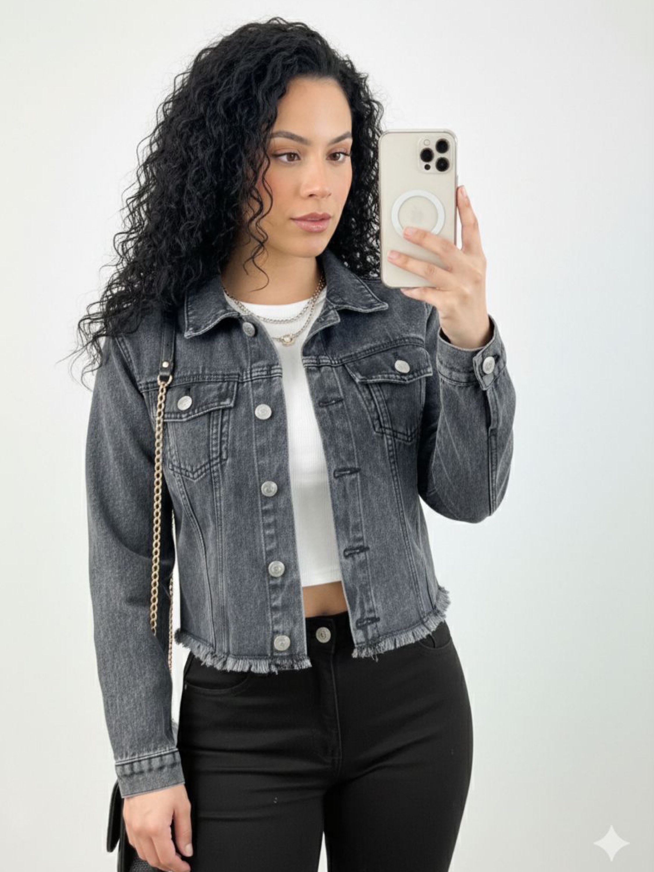 Jaqueta Jeans Feminina Manga Longa Desfiada