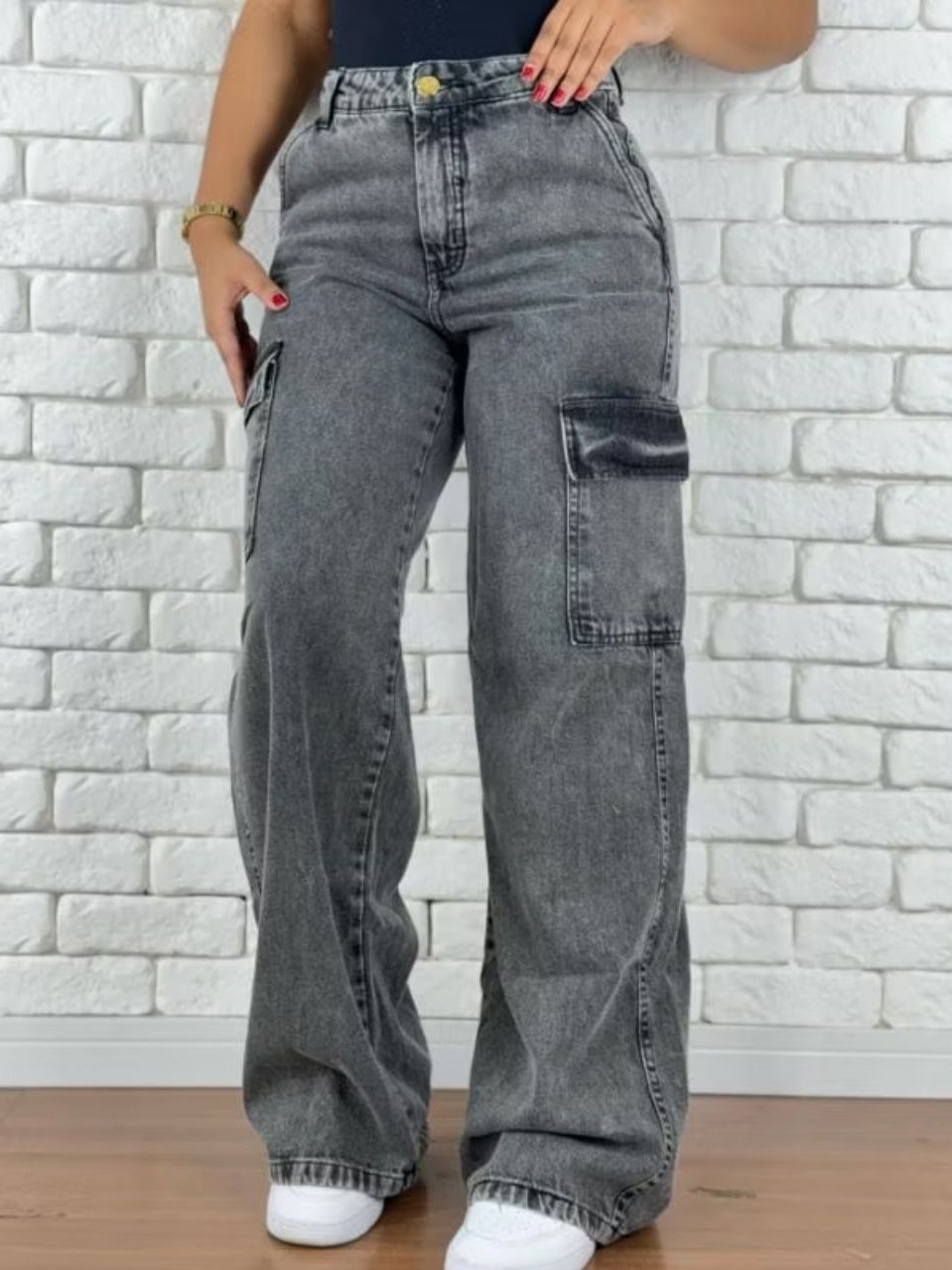 Calça Wid Leg Cargo Jeans Feminina Bolso Na Lateral