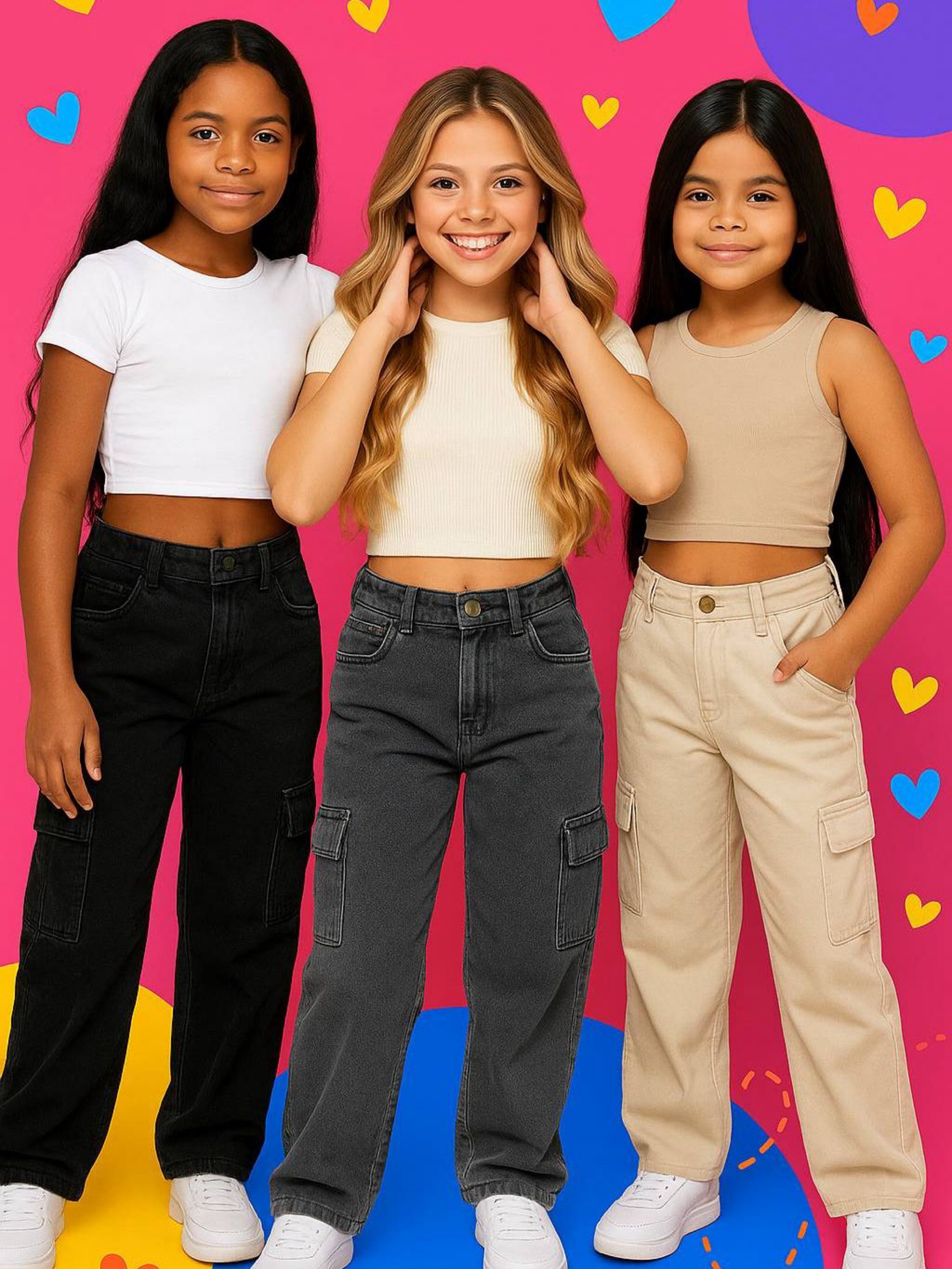 Calça Wid Leg Cargo Juvenil Infantil Jeans Feminina Menina