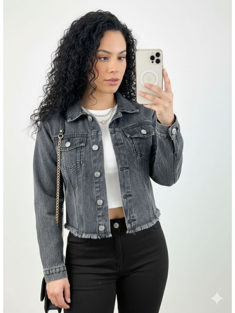Jaqueta Jeans Feminina Manga Longa Desfiada