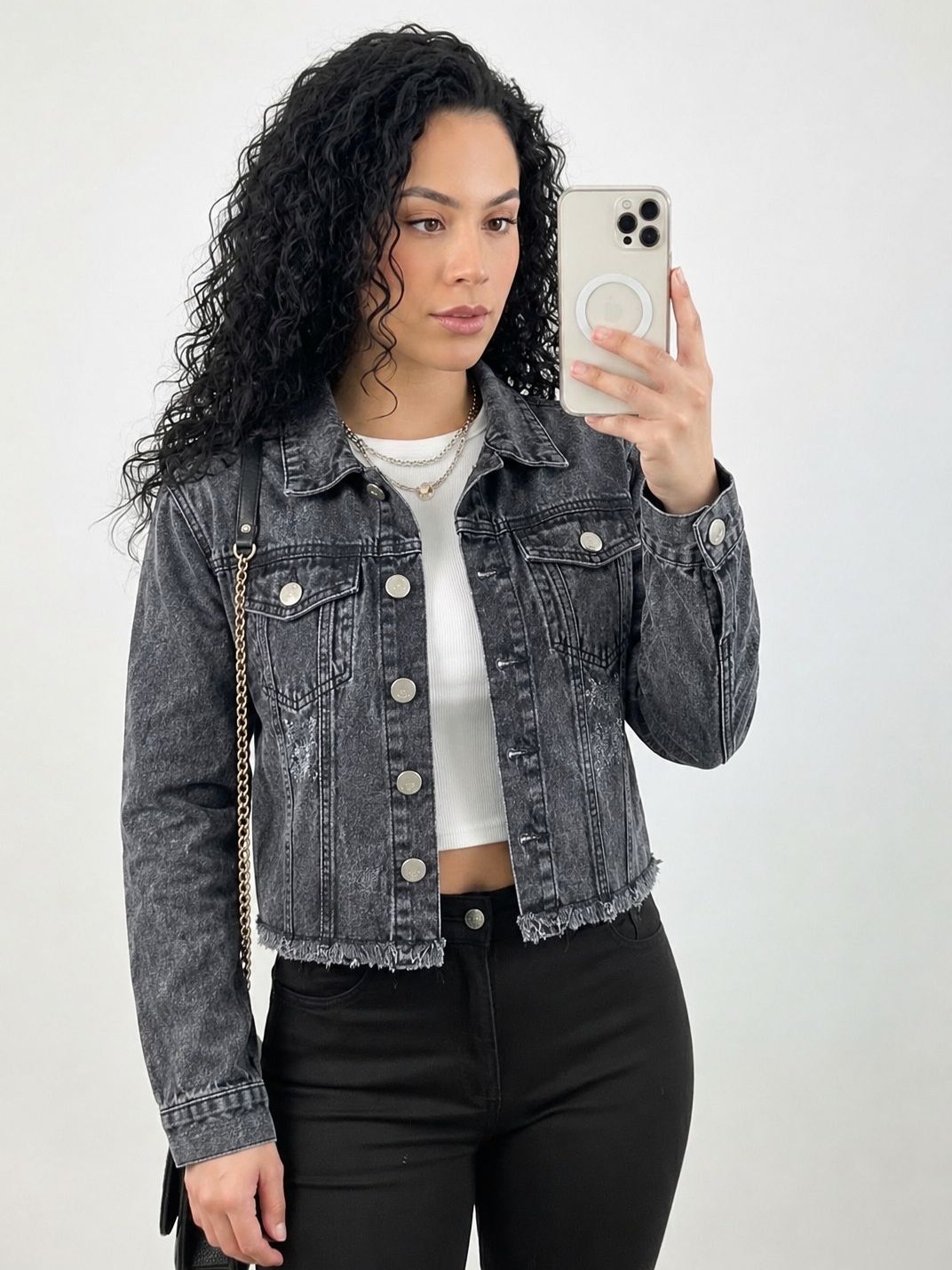 Jaqueta Jeans Feminina Manga Longa Desfiada
