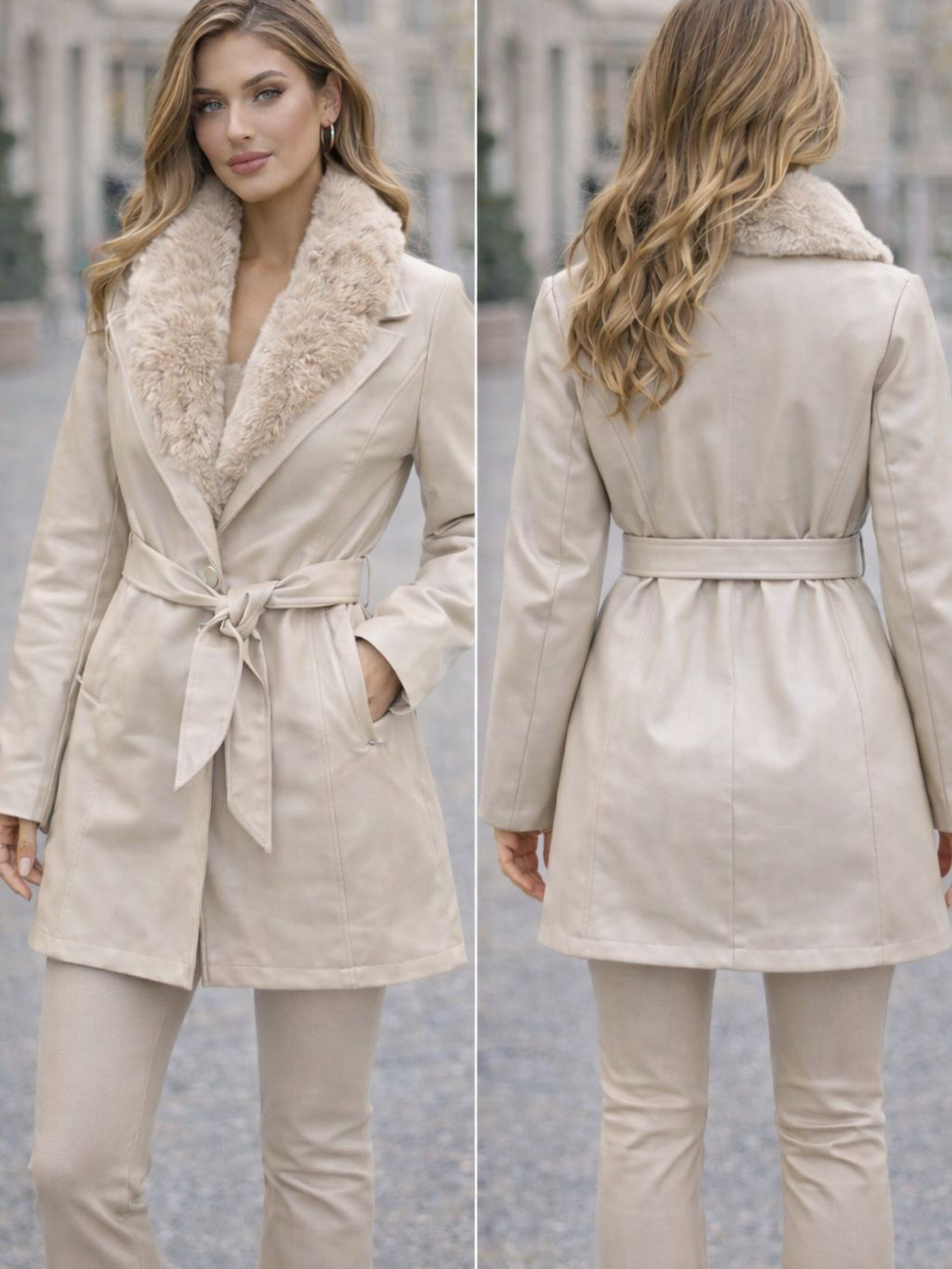 Casaco parka de couro peluciado por dentro com cinto