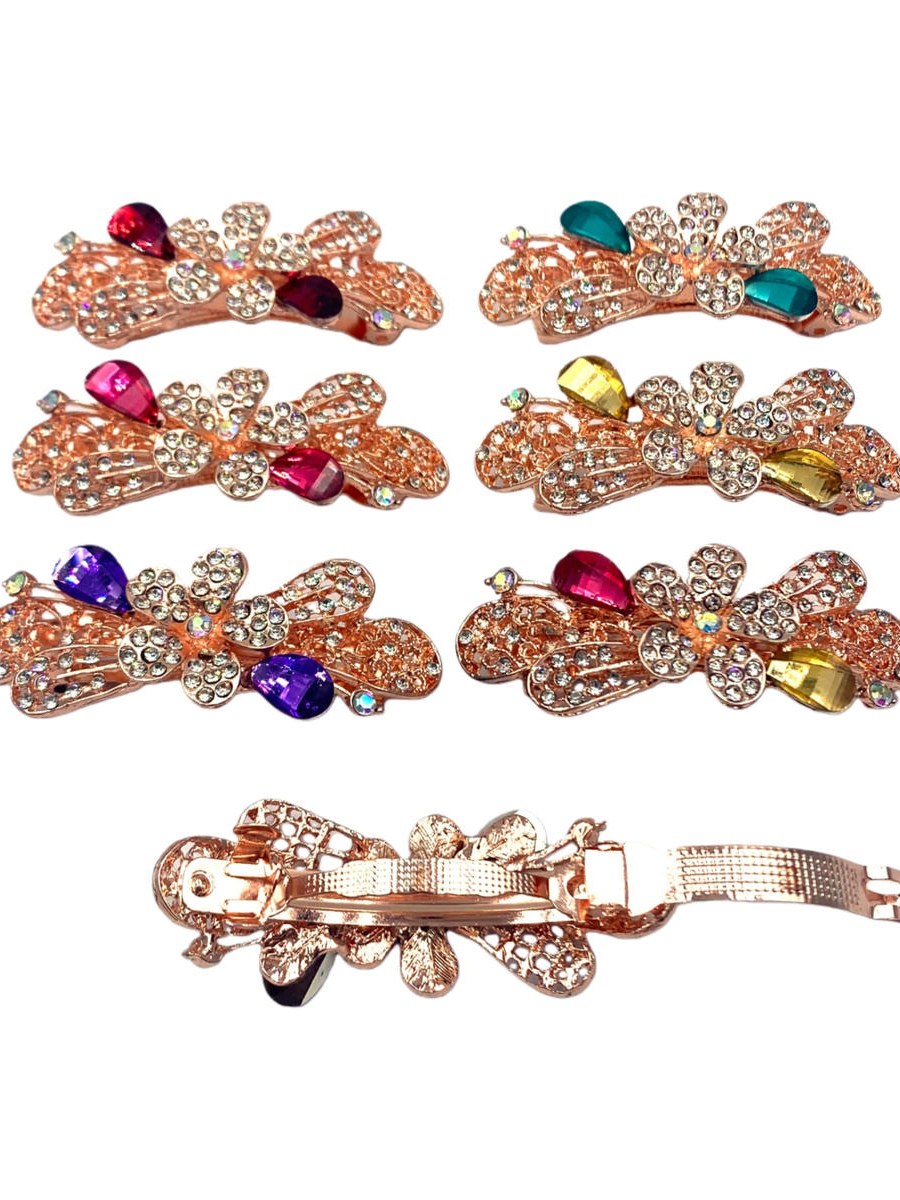 Presilha Cabelo Bico de Pato Flor Pedraria Strass Kit 12