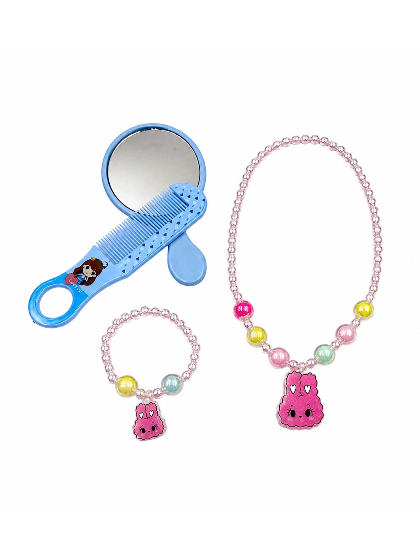Kit Beleza Infantil Colar Pulseira Pente e Espelho 4 Peças