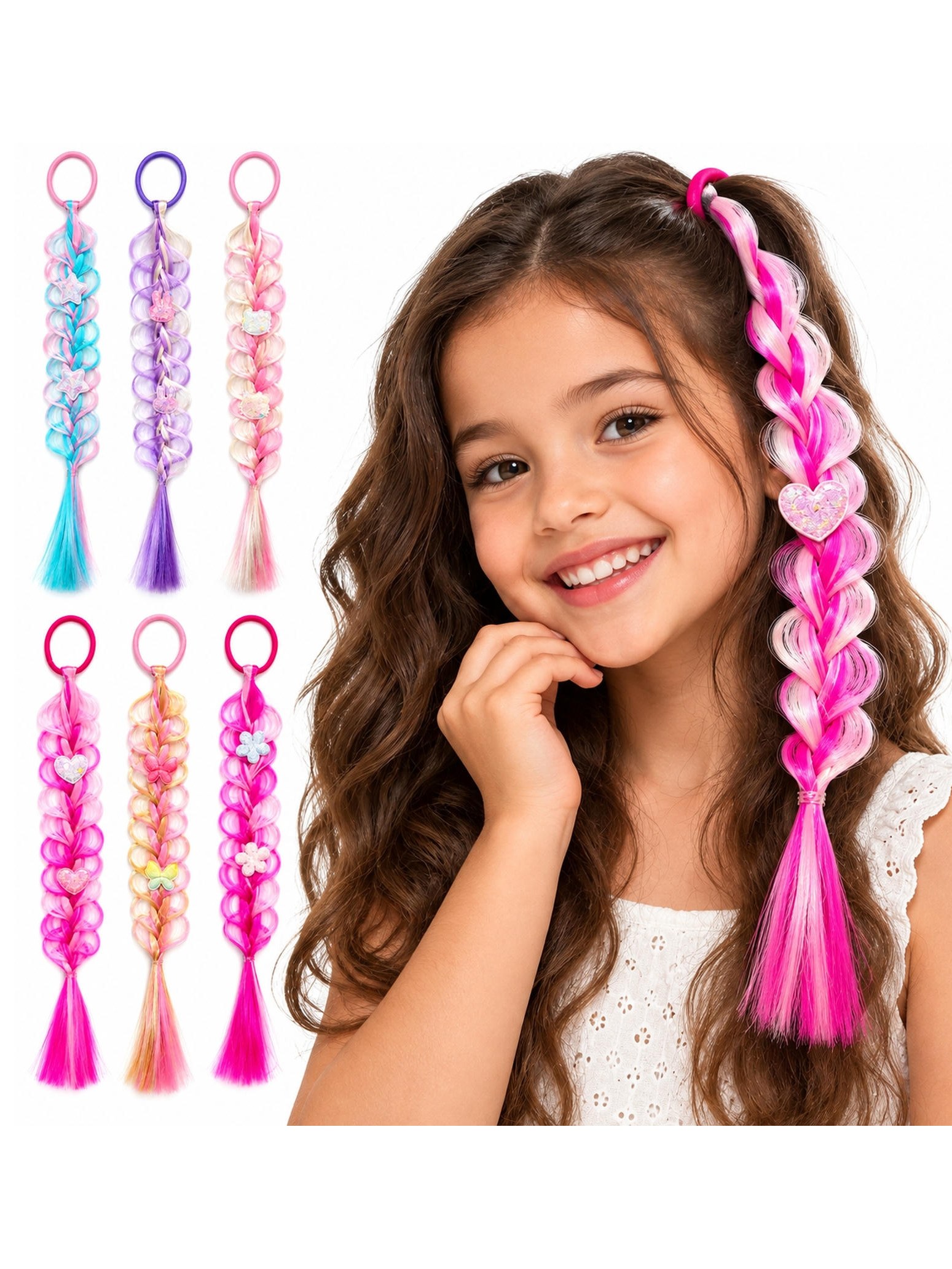 Kit 12 Aplique Trança de Cabelo Colorida Elástico Infantl