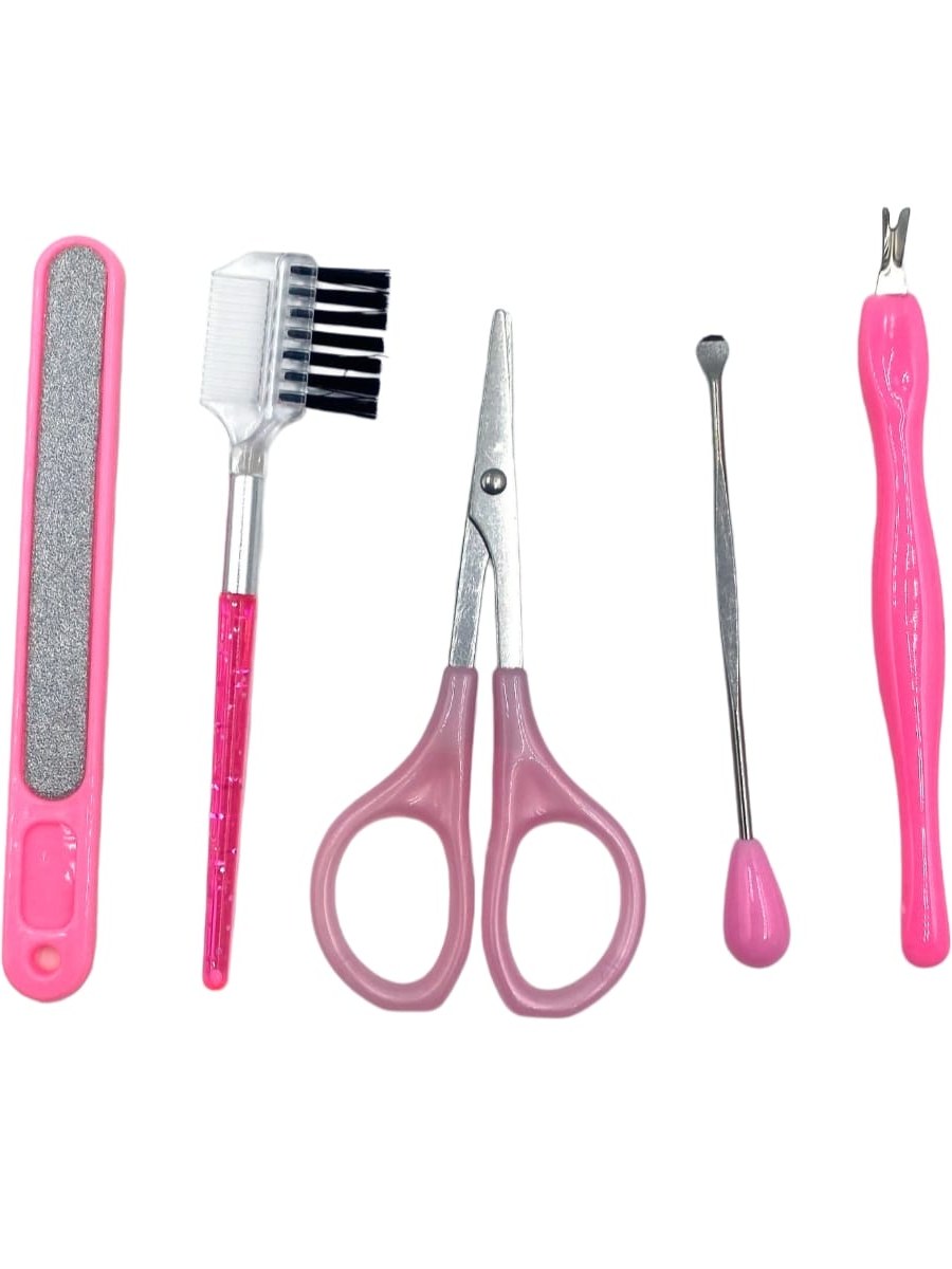 Kit de Beleza 5 Pecas Tesoura Lixa Limpador Ouvido Rosa
