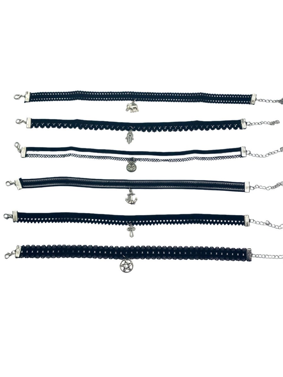 Cartela Colar Choker Renda Preta Pingente Sortido Kit 12