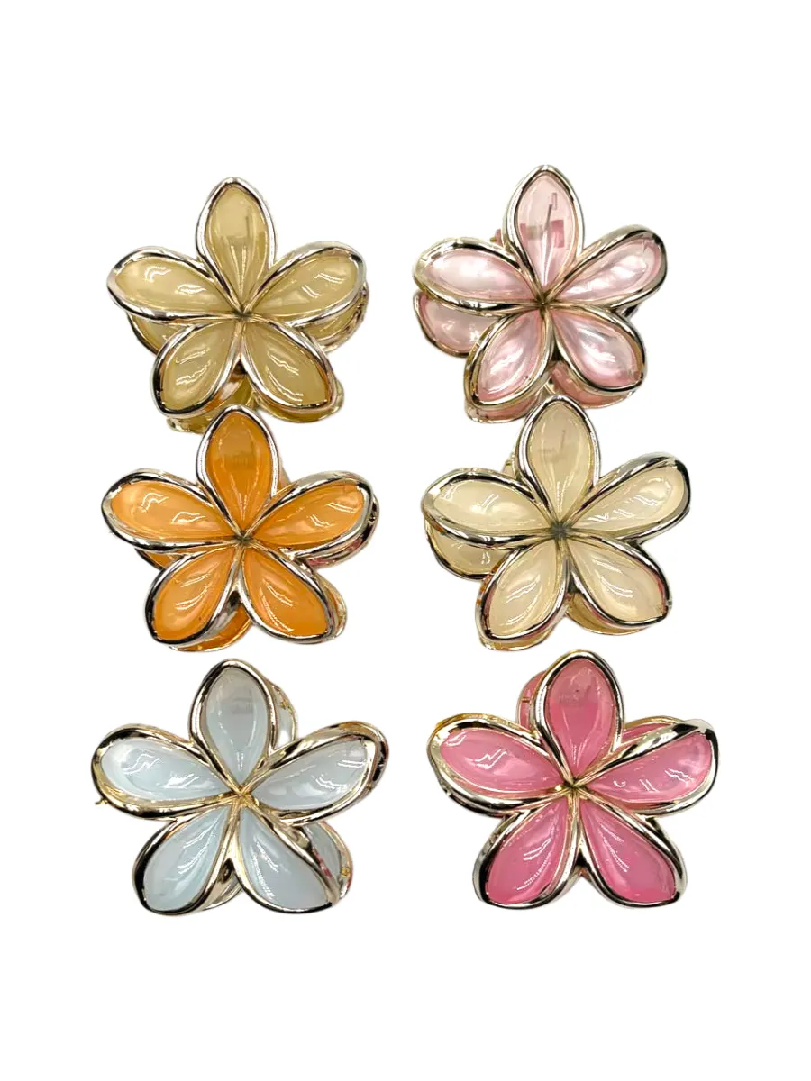 Kit 12 Piranha Cabelo Flor Resina Dourada Tons Pastéis