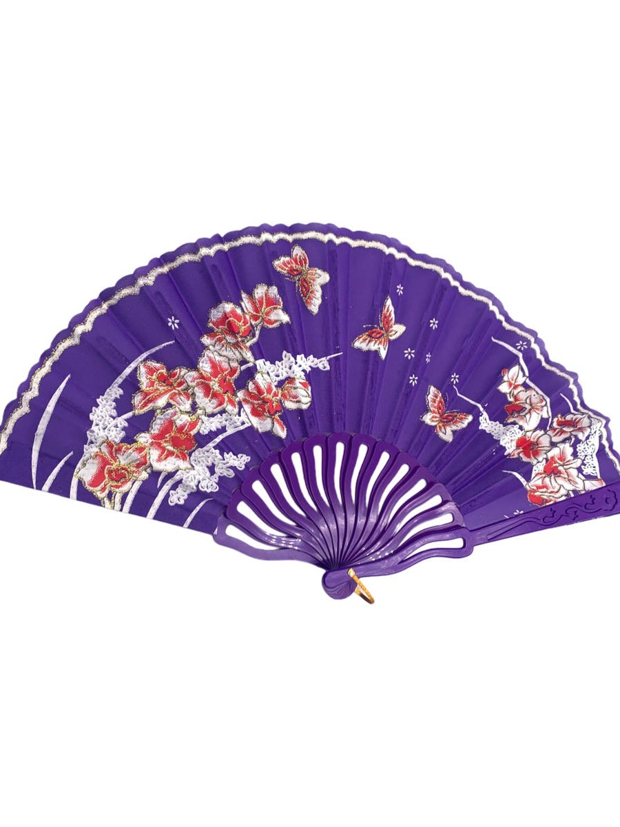 Leque de Mão Dobrável Tecido Estampa Floral Borboleta Kit 12