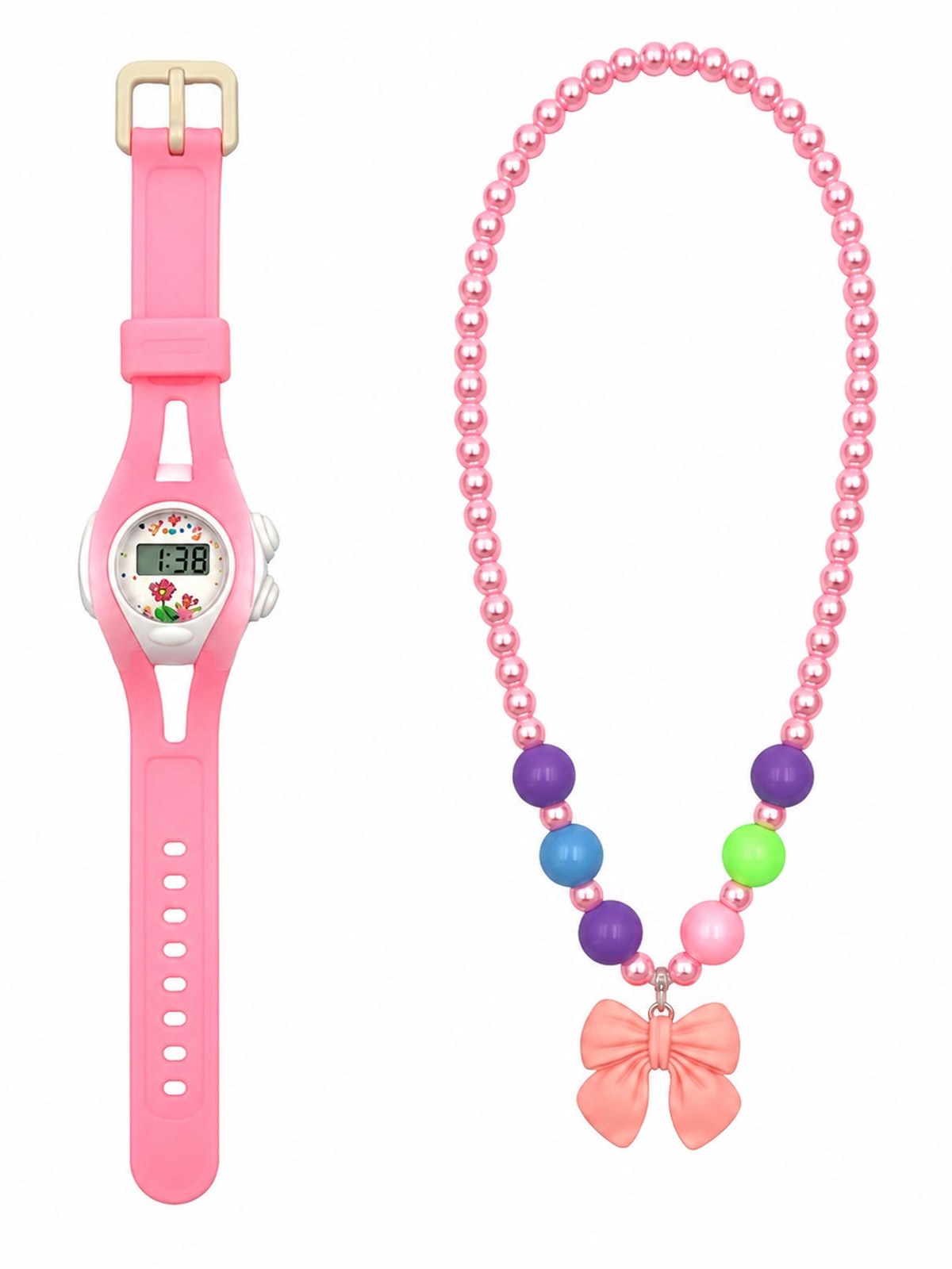 Kit Relogio Digital Infantil Menina Colar Pingente 2 Peças