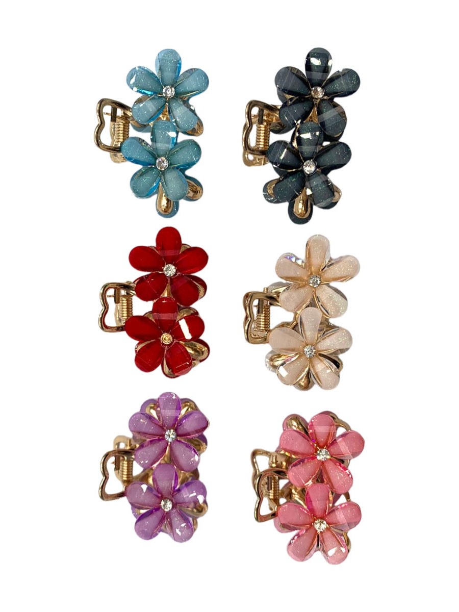 Kit 12 Piranha Cabelo Presilha Dupla Flor Strass Acrilico