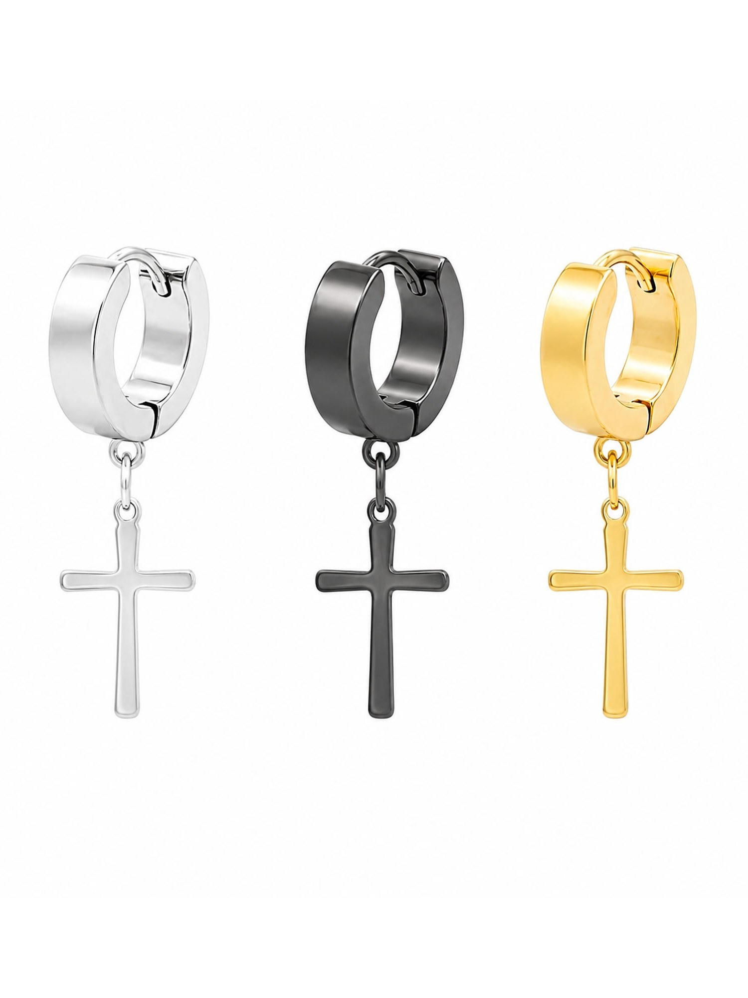 Brinco Argola Articulada Cruz Aço Inoxidável Furo 12 Pares