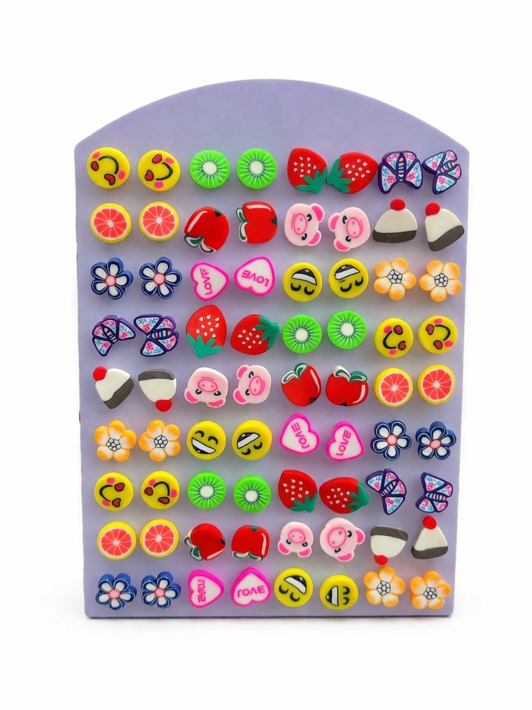 Brinco Fimo Infantil Frutas Animais Sortido Cartela 36 Pares