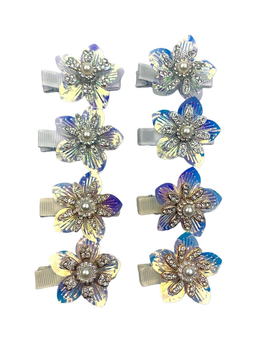 Presilha Cabelo Bico de Pato Flor Holografica Strass Kit 24