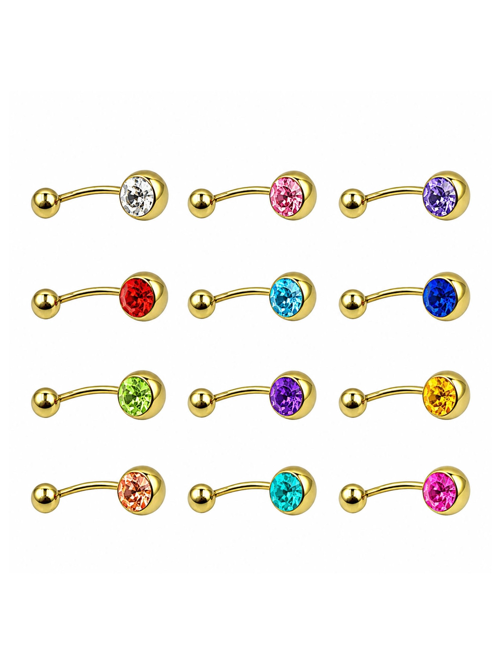 Piercing Umbigo Aço Cirurgico Bell Zirconia Colorida 12Peças