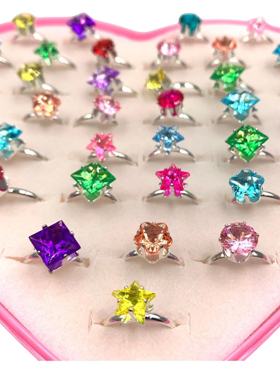 Kit 36 Aneis Infantil Menina Strass Ajustavel Caixa Coracao