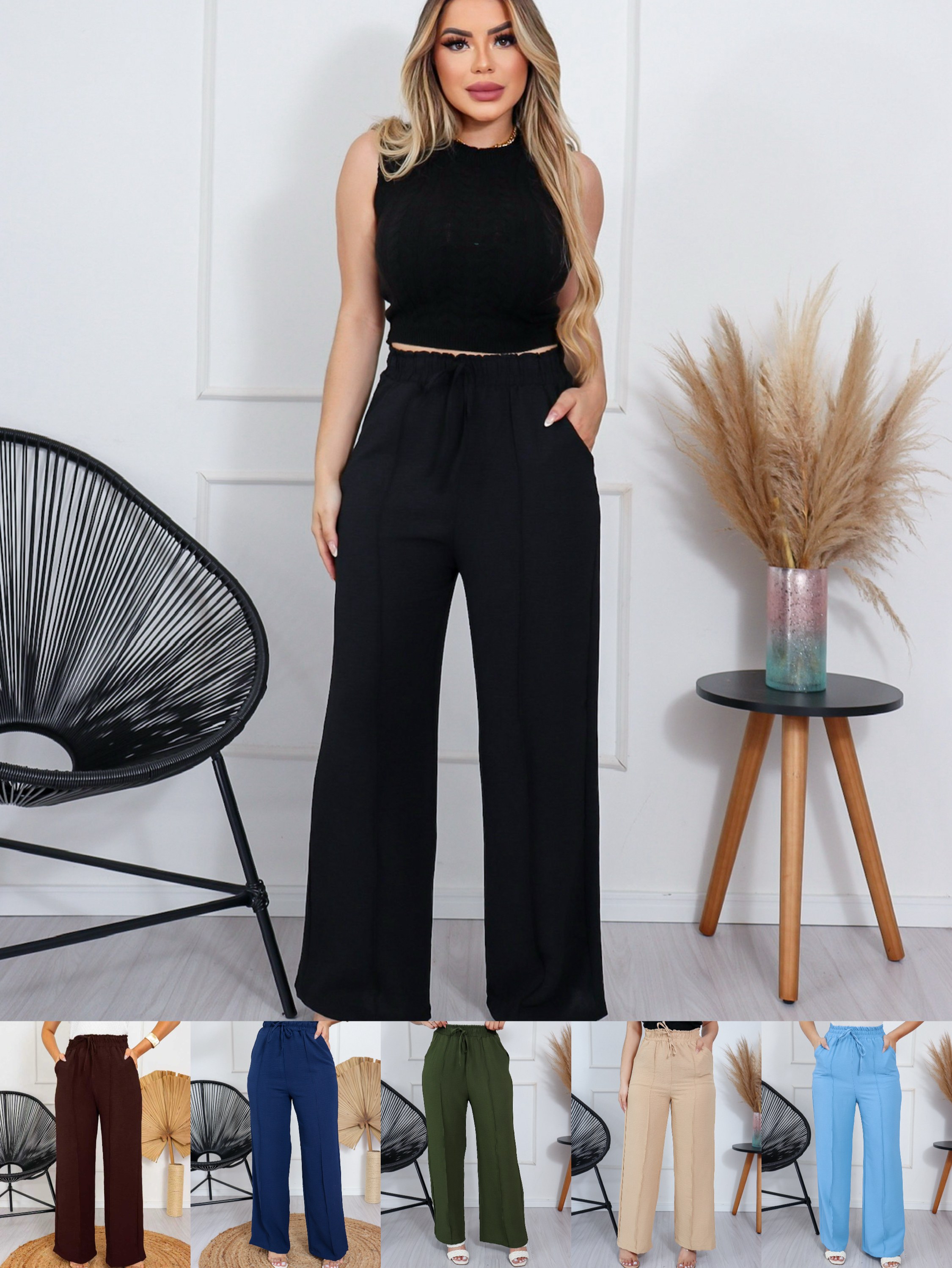 MONNEI Calça Pantalona Duna Cintura Elástico com Bolsos