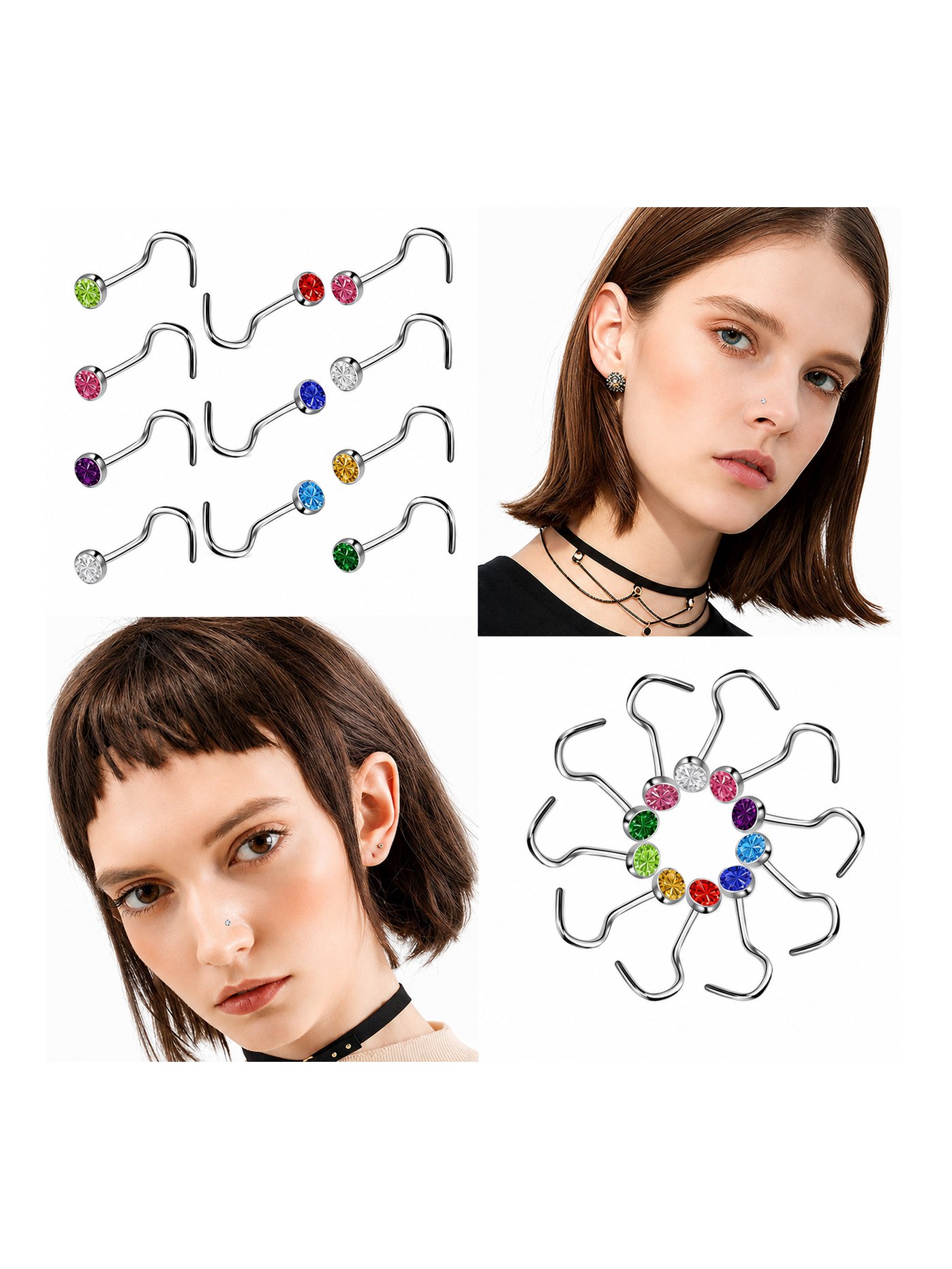 Piercing Nariz Nostril Curvo Aco Inox Strass Ponto Luz 40pcs