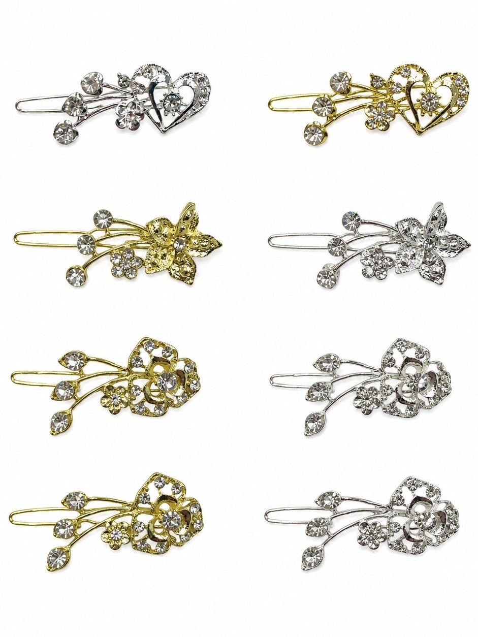 Grampo Cabelo Presilha Strass Coração Flor Mulher 24 Peças
