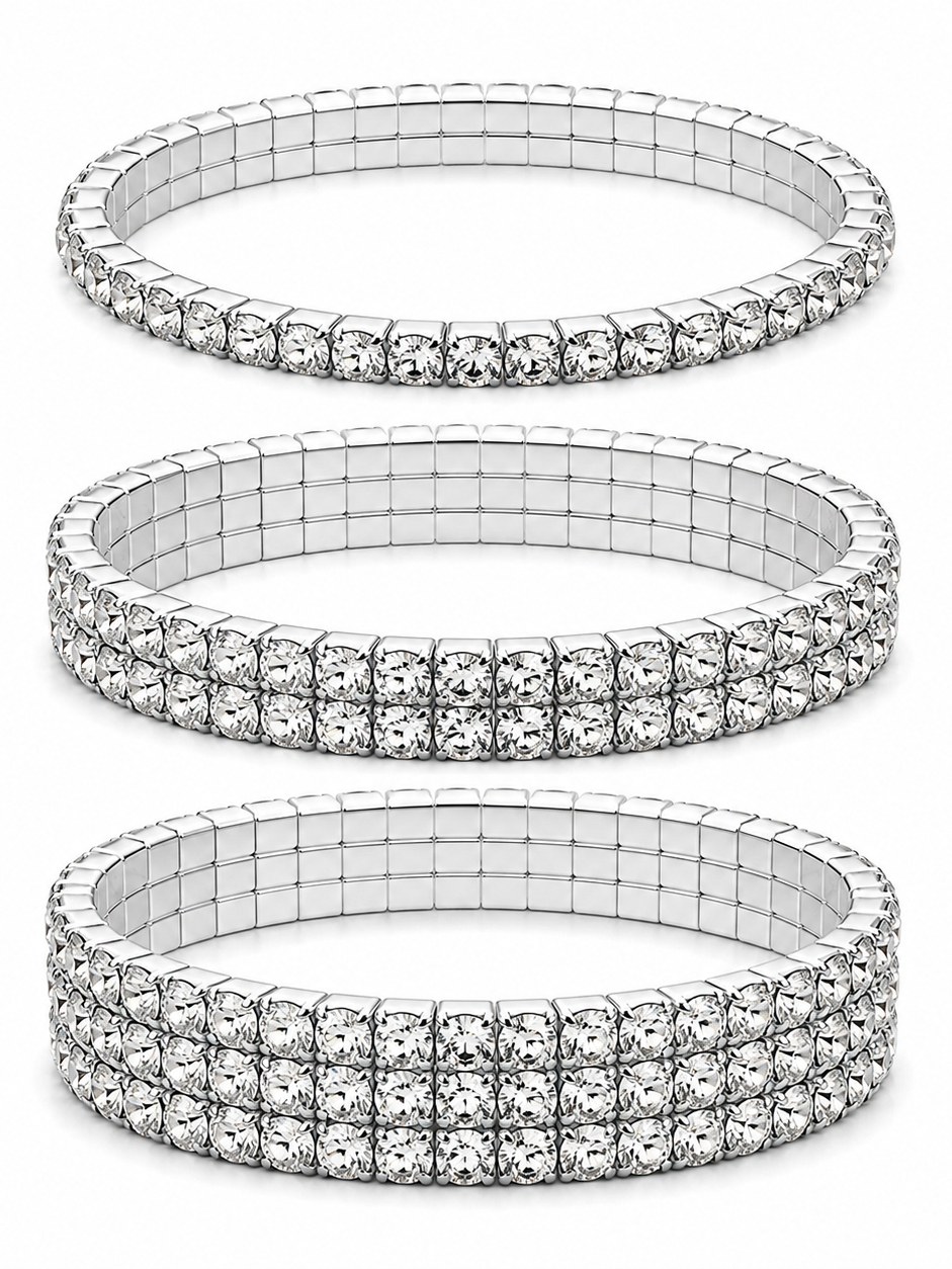 Pulseira Elastica 3 Fileira Strass Metal Brilho Kit 12 Peças