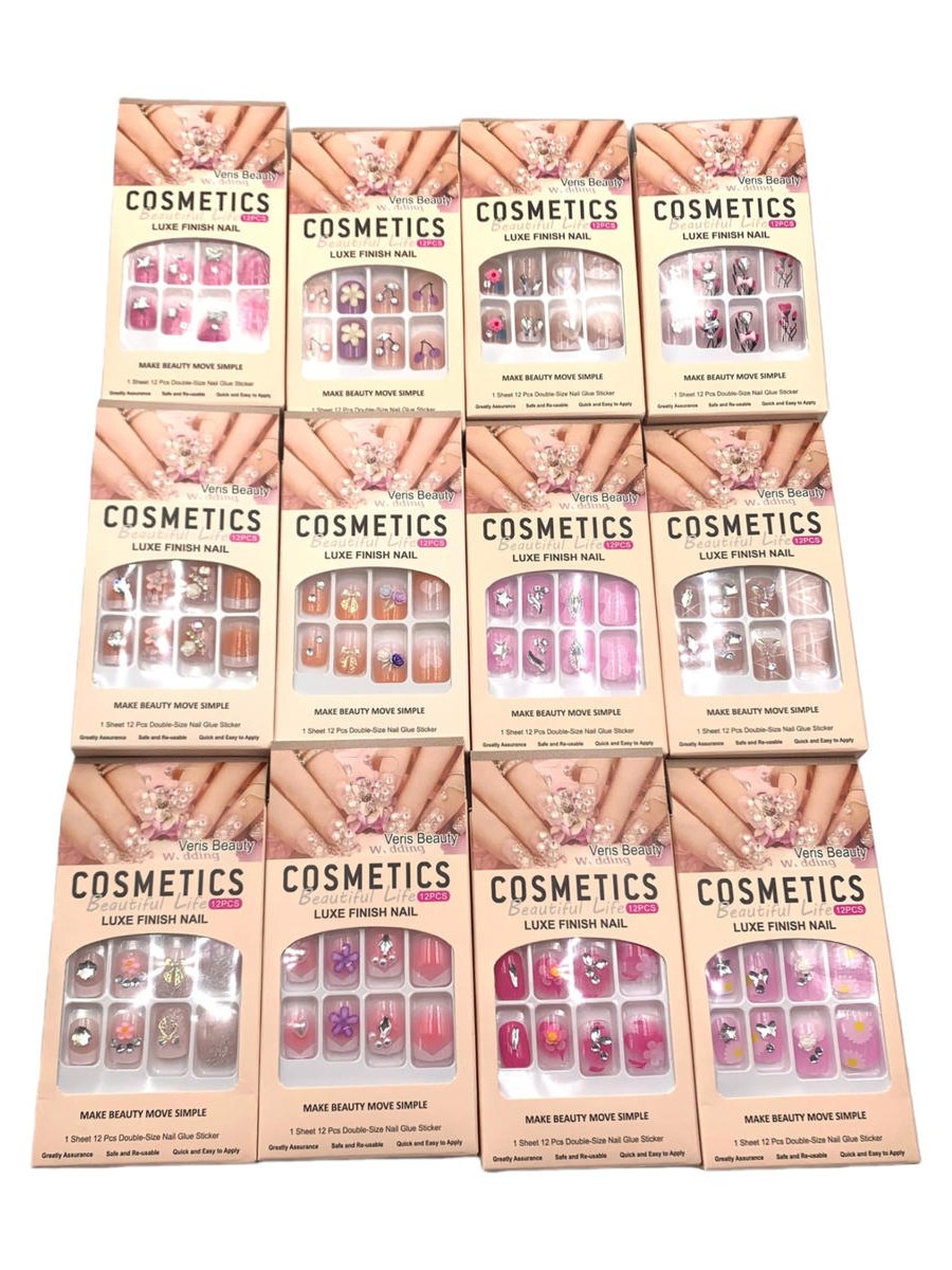 Kit 12 Unhas Postiças Decoradas Strass Flor 3D Autoadesiva