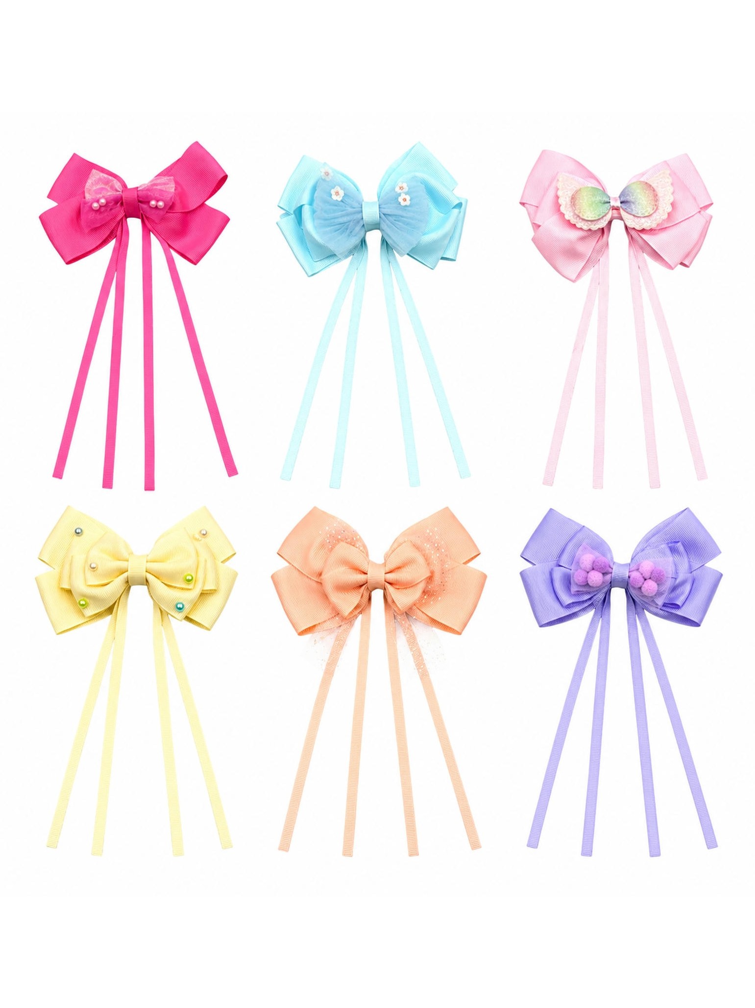 Kit6 Bico de Pato Presilha Cabelo Infantil Laço Fitas Longas