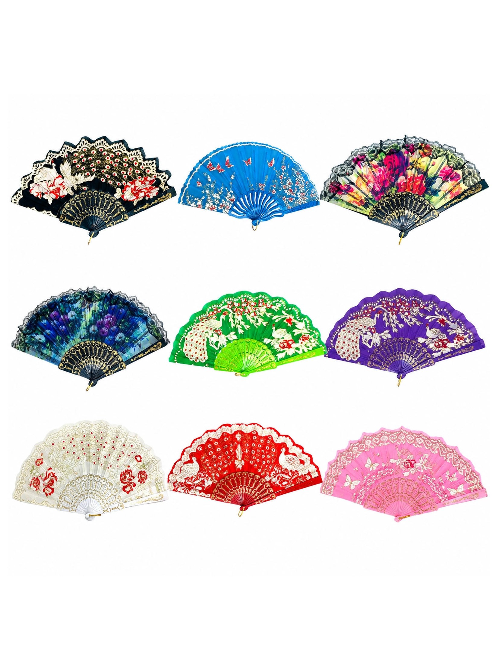 Kit 12 Leque de Mão Dobrável Tecido Estampa Floral Borboleta