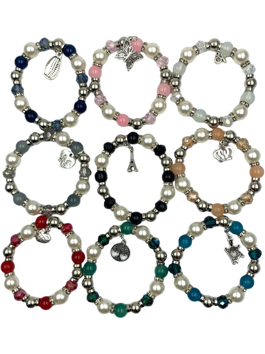 Pulseira Micanga Perola Pingente Sortida Elastica 12 Peças