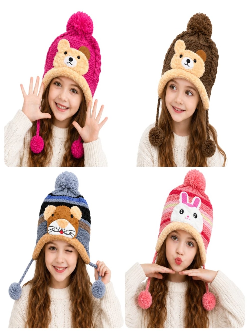 Touca Gorro Infantil Inverno Trico Pelucia Bichinho Kit 12PC
