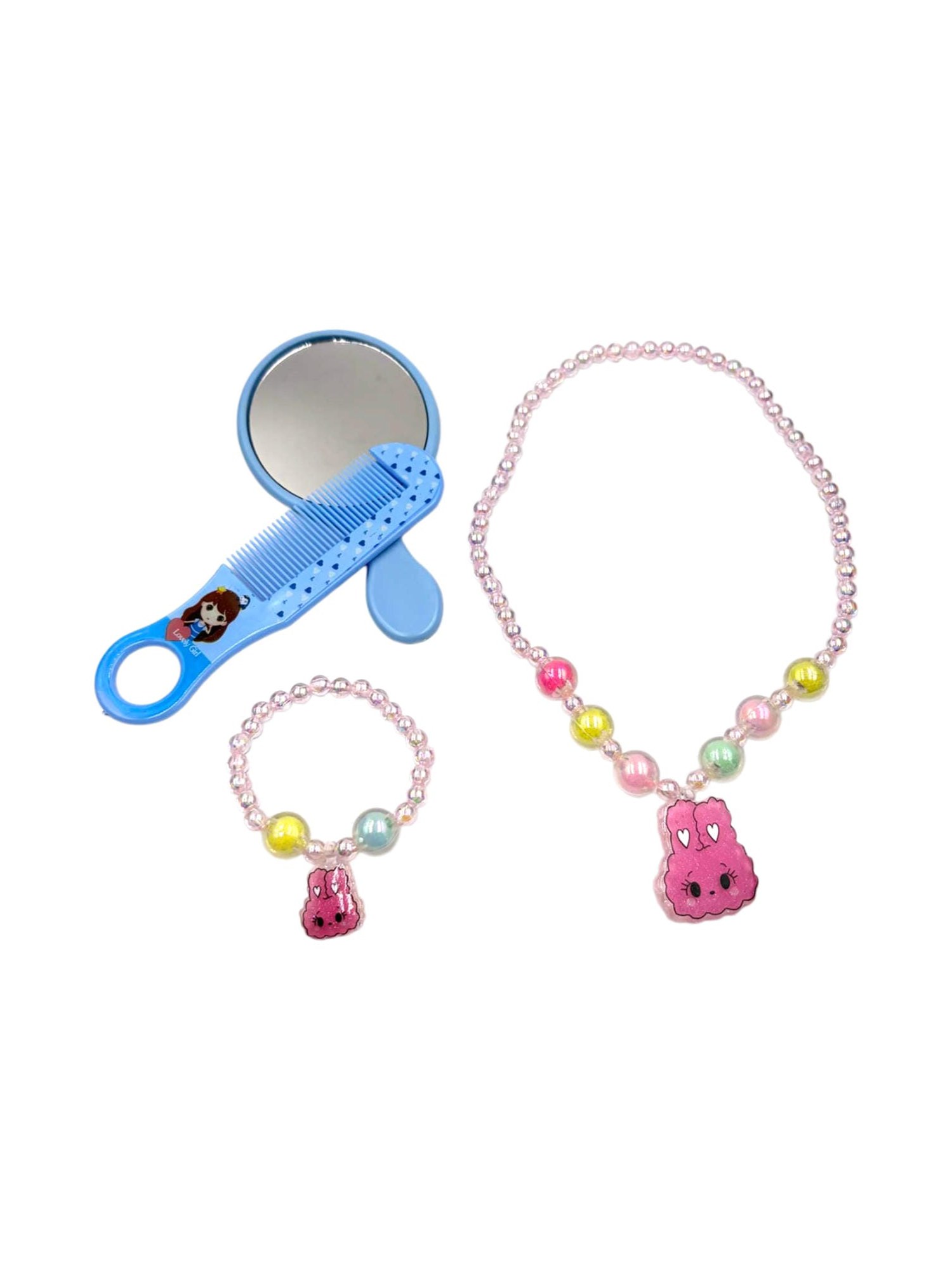 Kit Beleza Infantil Colar Pulseira Pente e Espelho 4 Peças