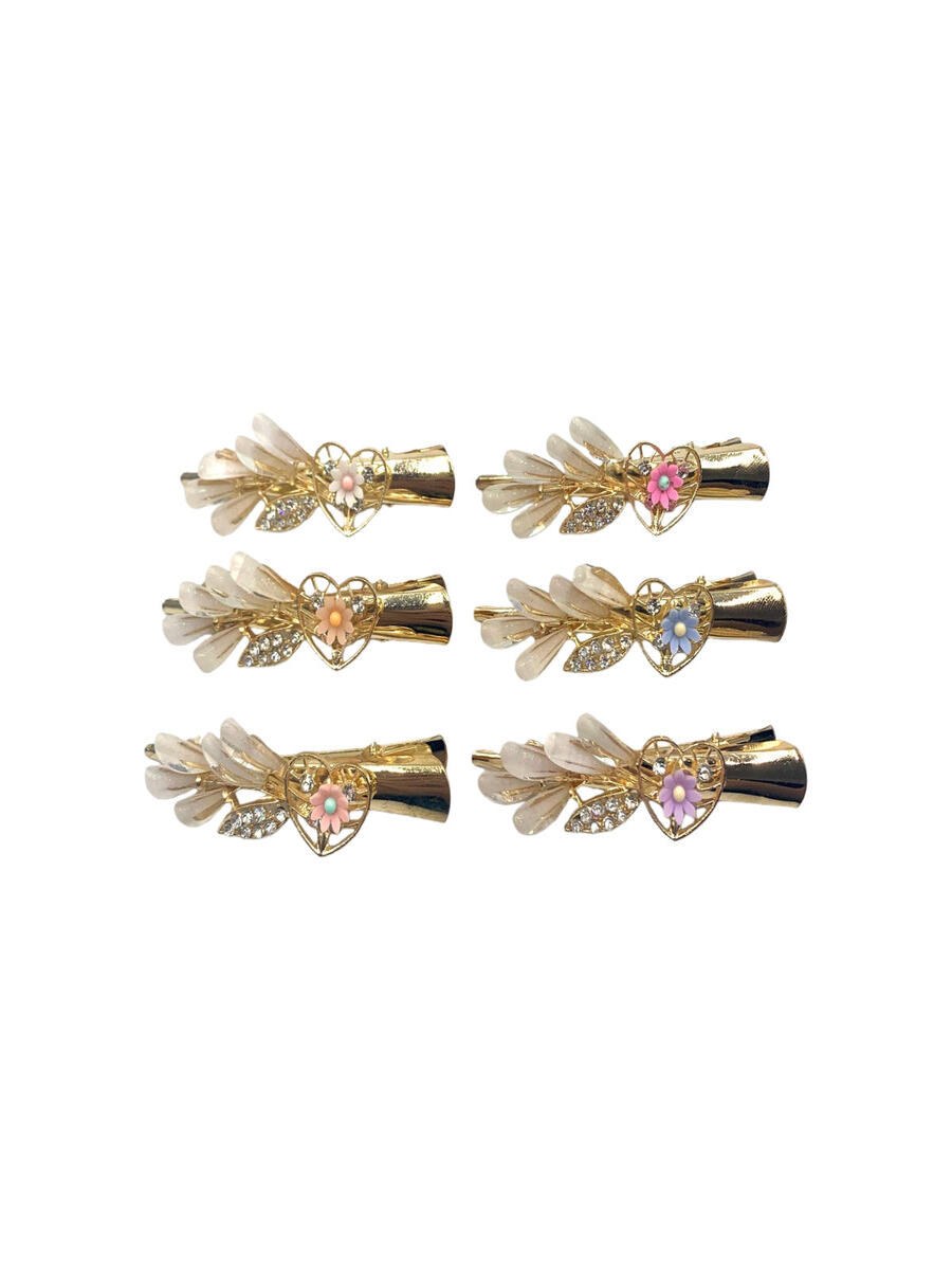 Presilha Cabelo Flor Strass Bico Pato Metal Kit 12 Peças