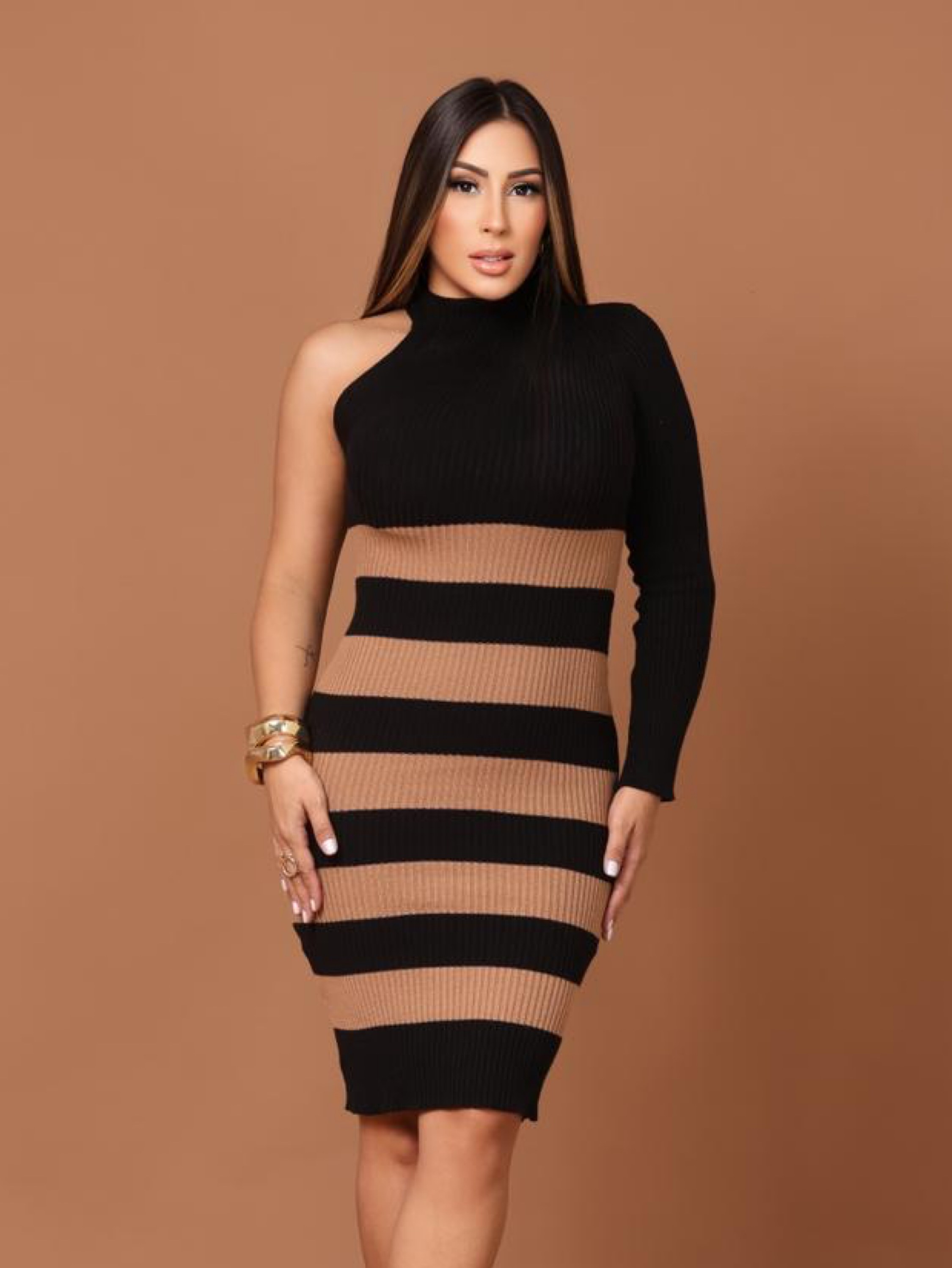 Vestido Midi Tricot Modal Mula Manca Listrado Canelado