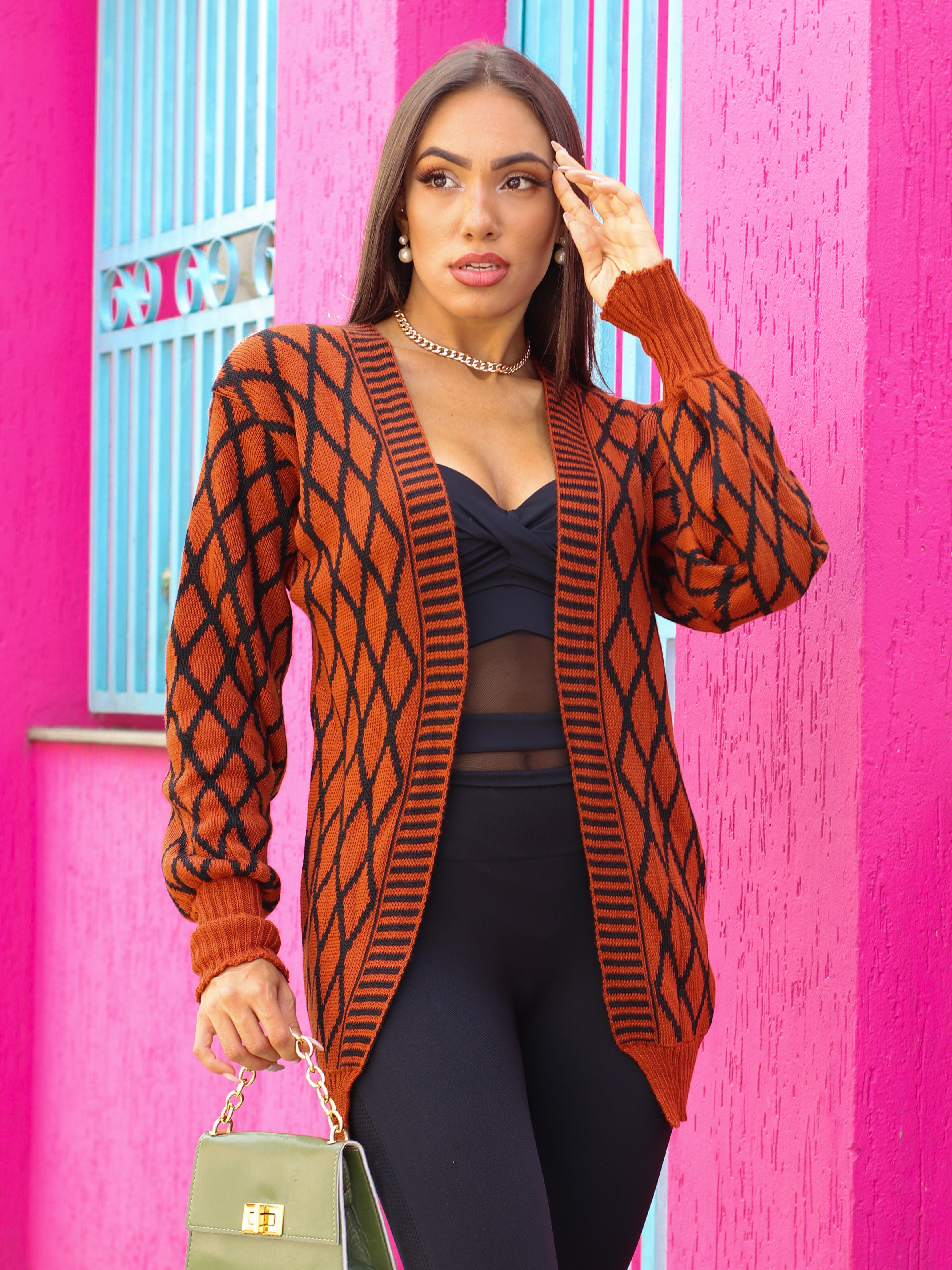 Cardigan Tricot Estampado Casaco Moda Feminina