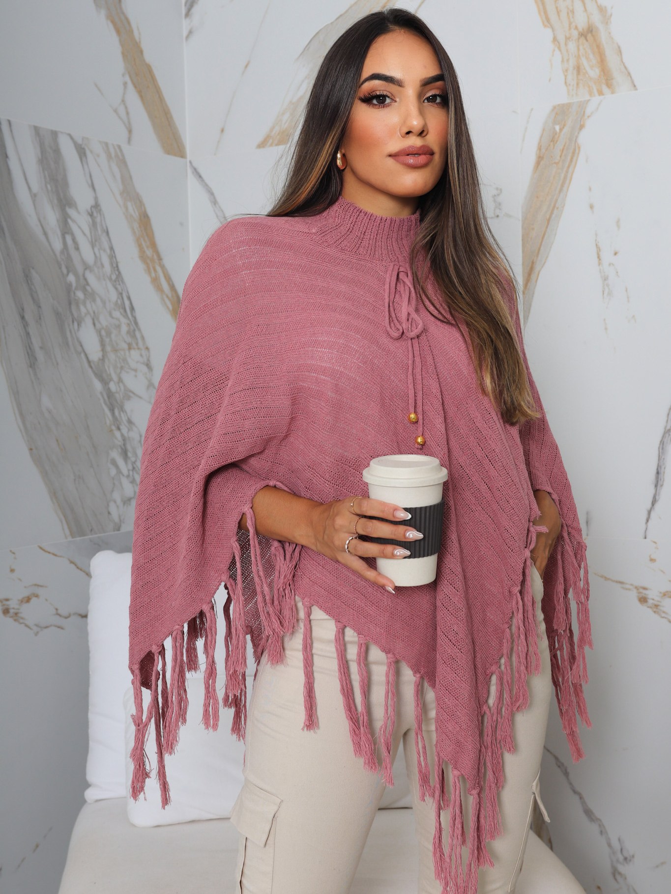 Poncho Tricot Franja Cacharrel Moda Feminina Elegante