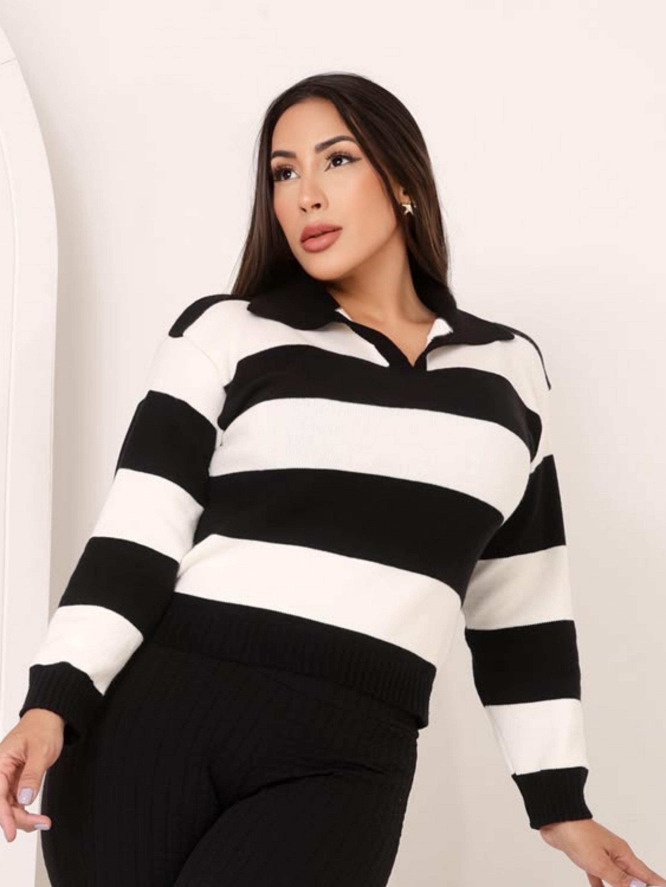 Blusa Tricot Modal Gola Polo Listrada Casual