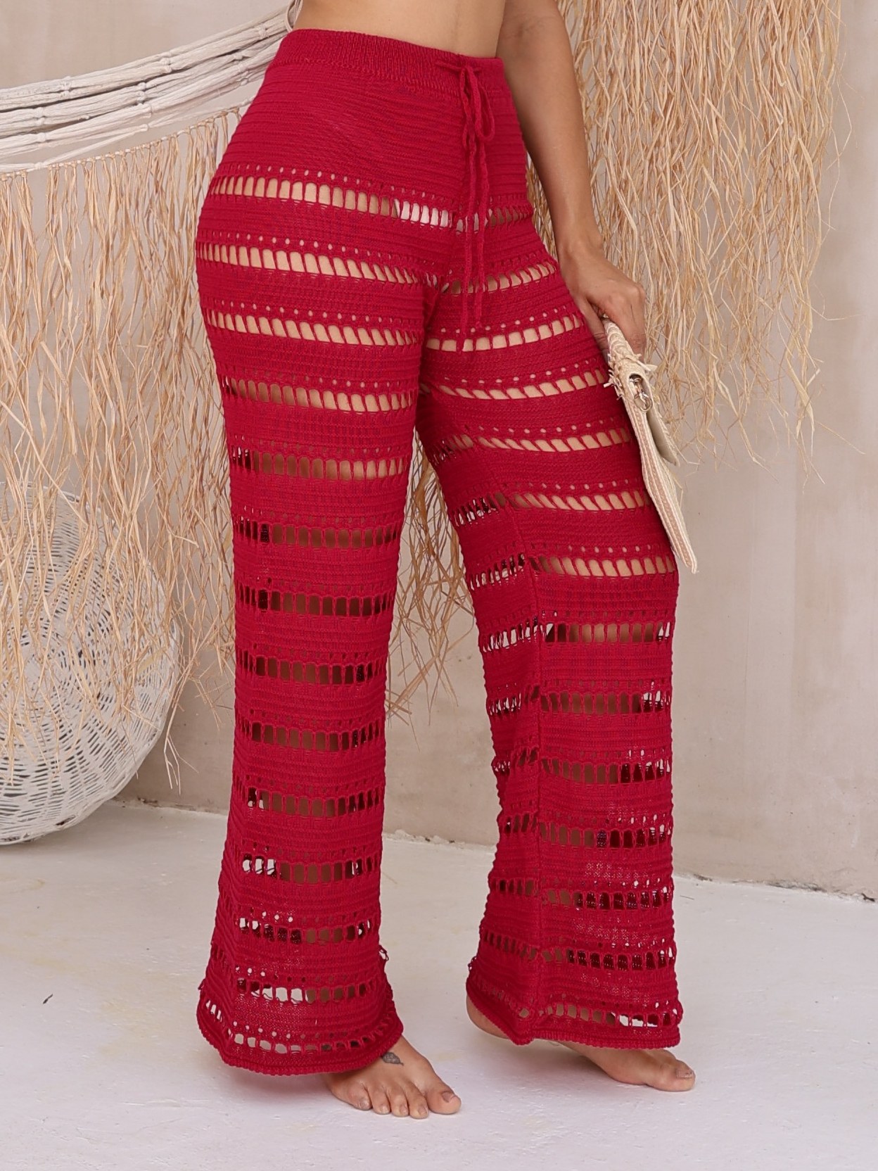Calça Saída de Praia Tricot Vazado Ajustável Moda Feminina