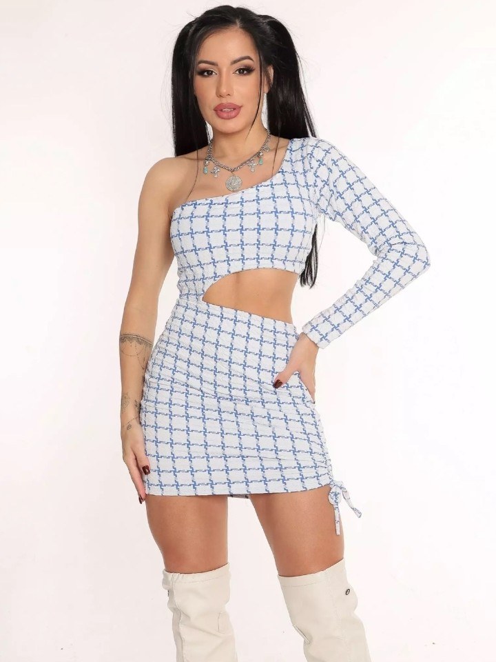 Vestido Manga Nula Xadrez Jacquard