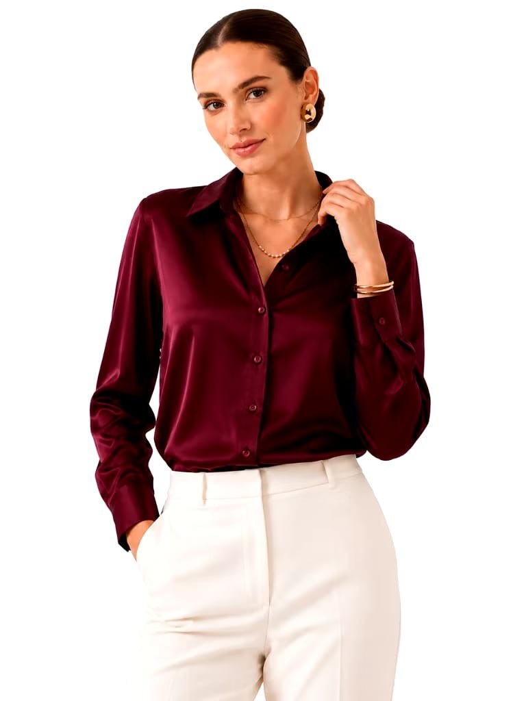 Camisa Manga Reta Social Cetim Plus Size